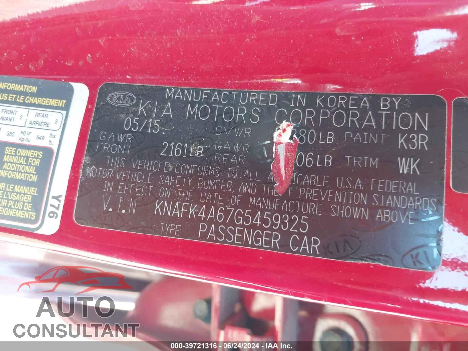 KIA FORTE 2016 - KNAFK4A67G5459325