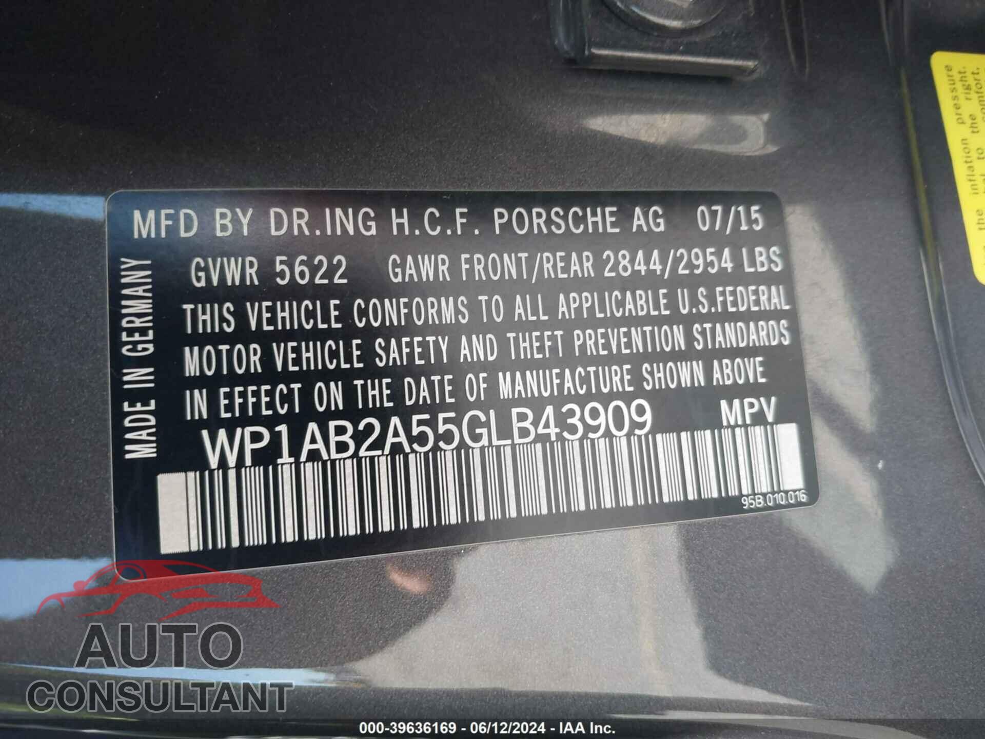 PORSCHE MACAN 2016 - WP1AB2A55GLB43909