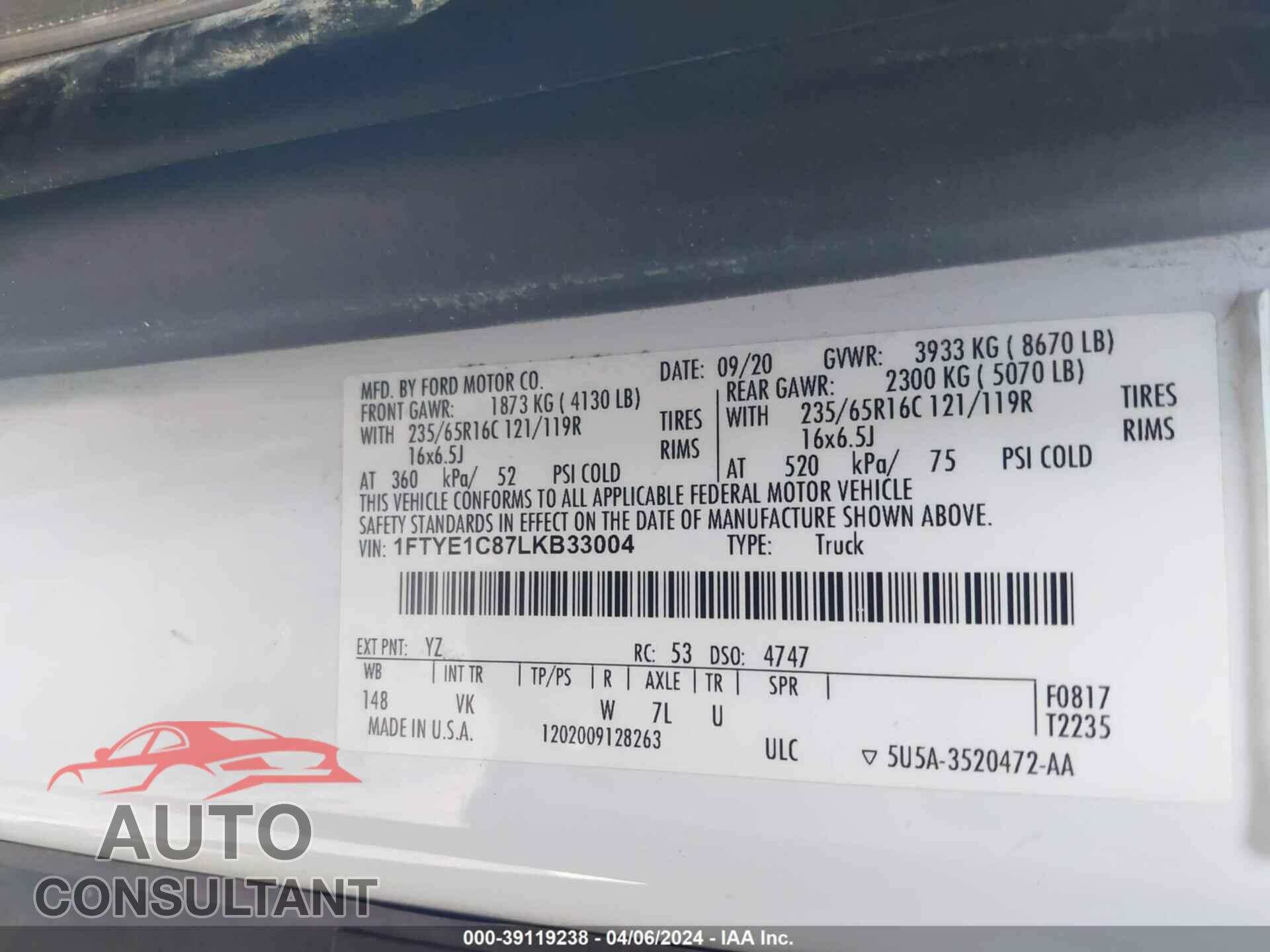 FORD TRANSIT 2020 - 1FTYE1C87LKB33004