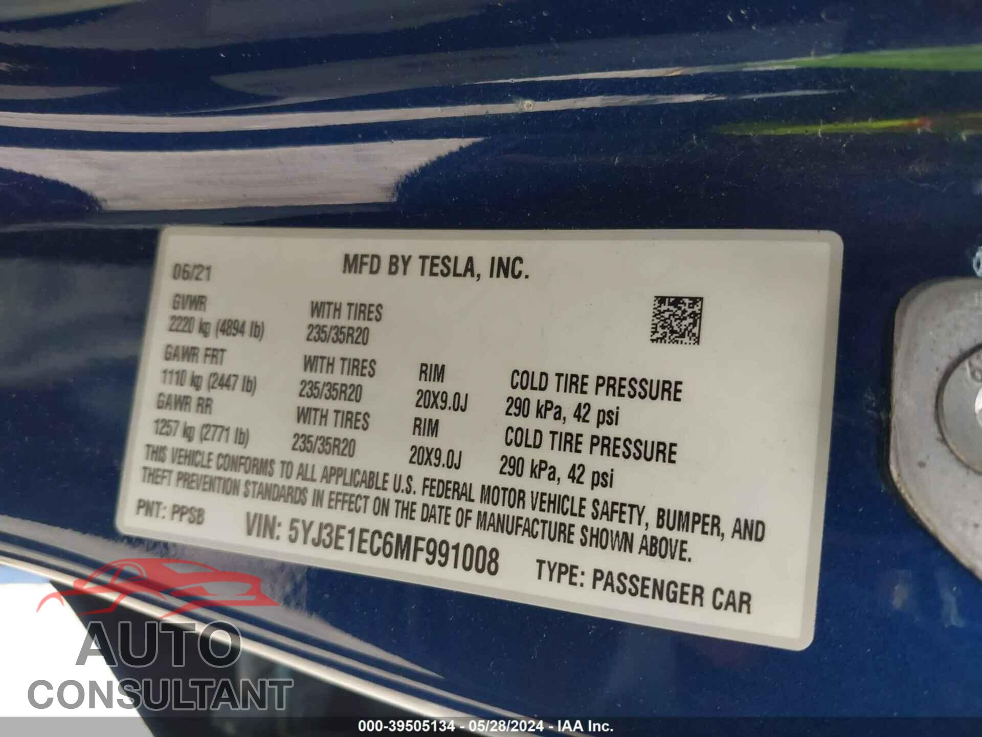 TESLA MODEL 3 2021 - 5YJ3E1EC6MF991008