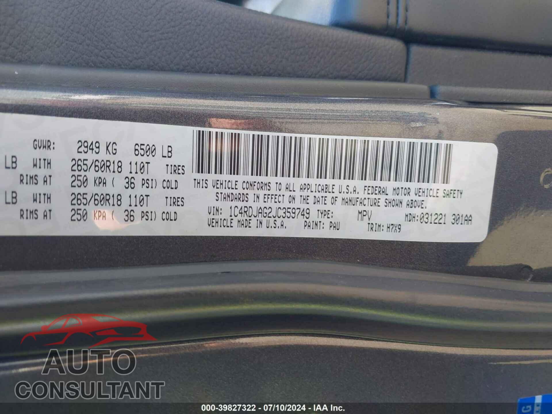 DODGE DURANGO 2018 - 1C4RDJAG2JC359749