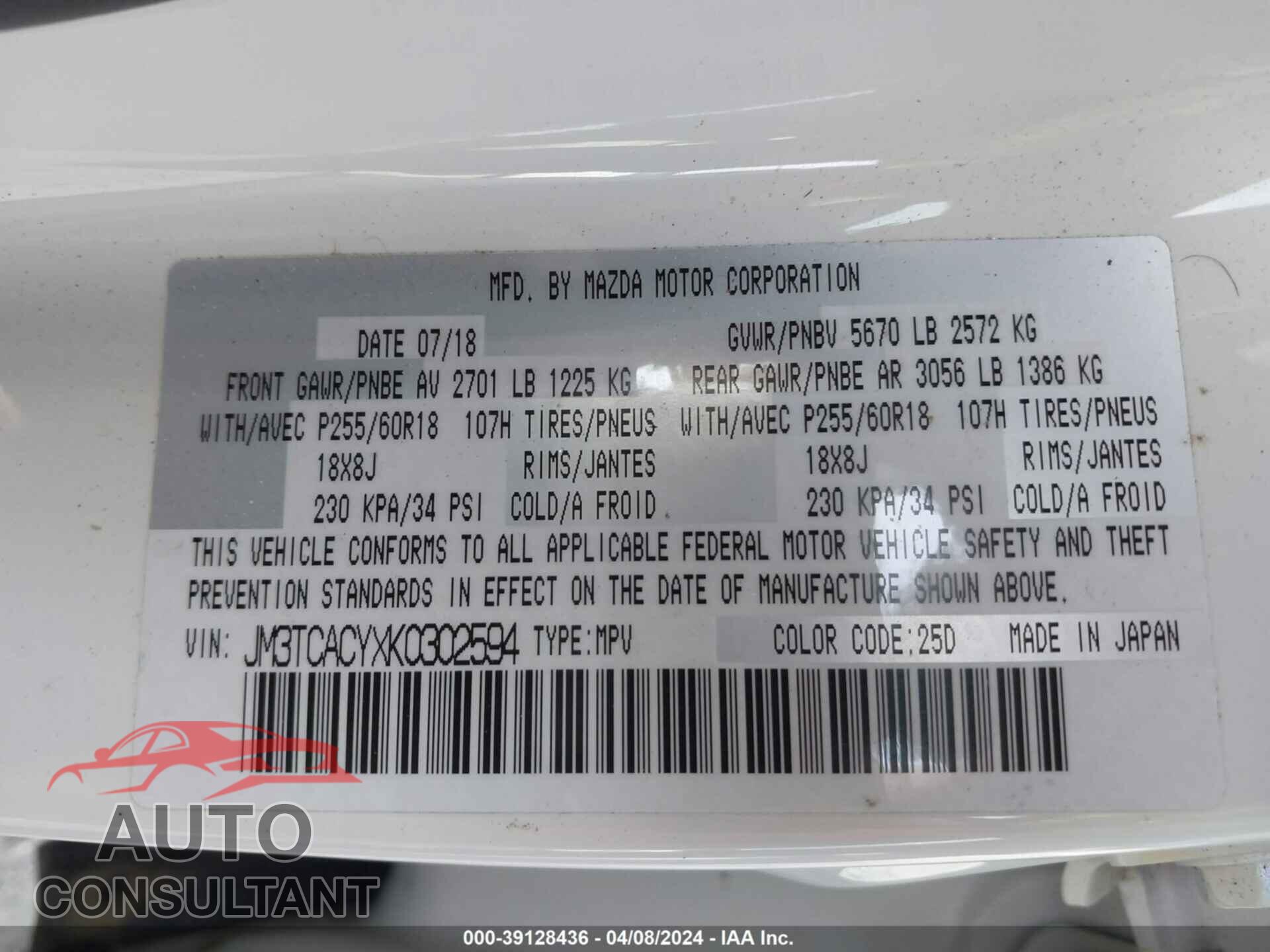 MAZDA CX-9 2019 - JM3TCACYXK0302594