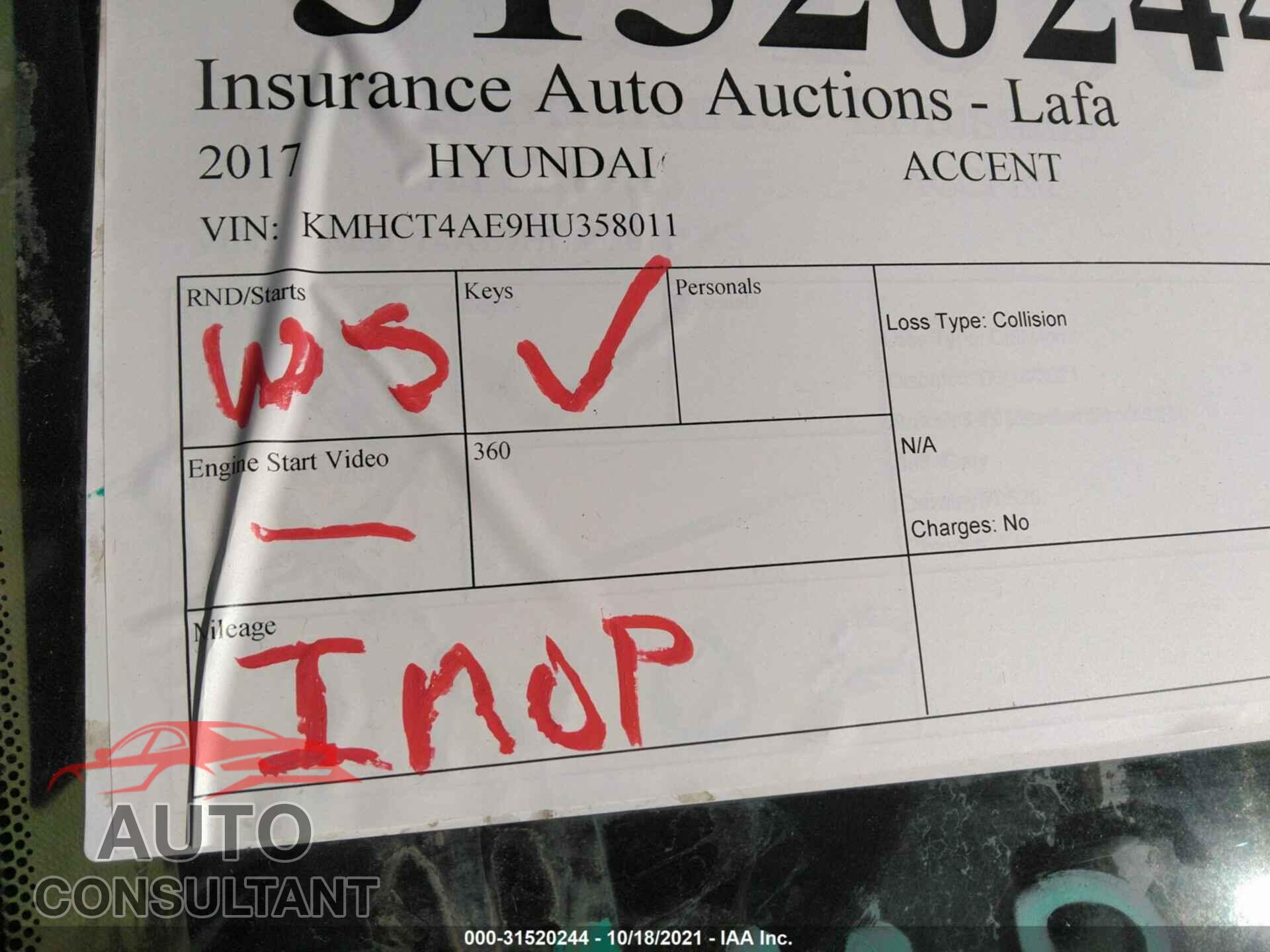 HYUNDAI ACCENT 2017 - KMHCT4AE9HU358011
