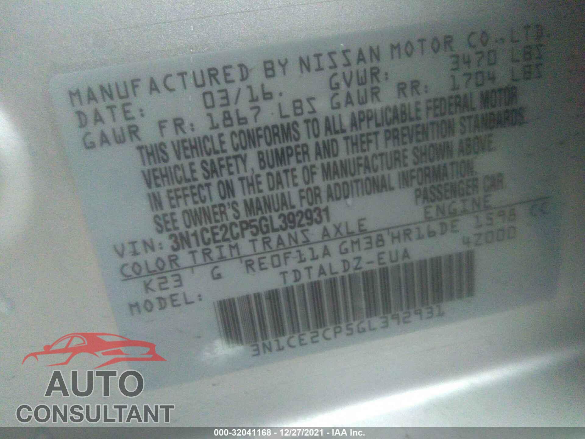 NISSAN VERSA NOTE 2016 - 3N1CE2CP5GL392931