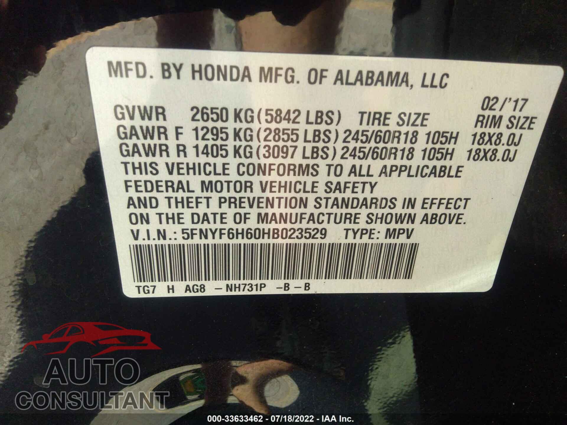 HONDA PILOT 2017 - 5FNYF6H60HB023529