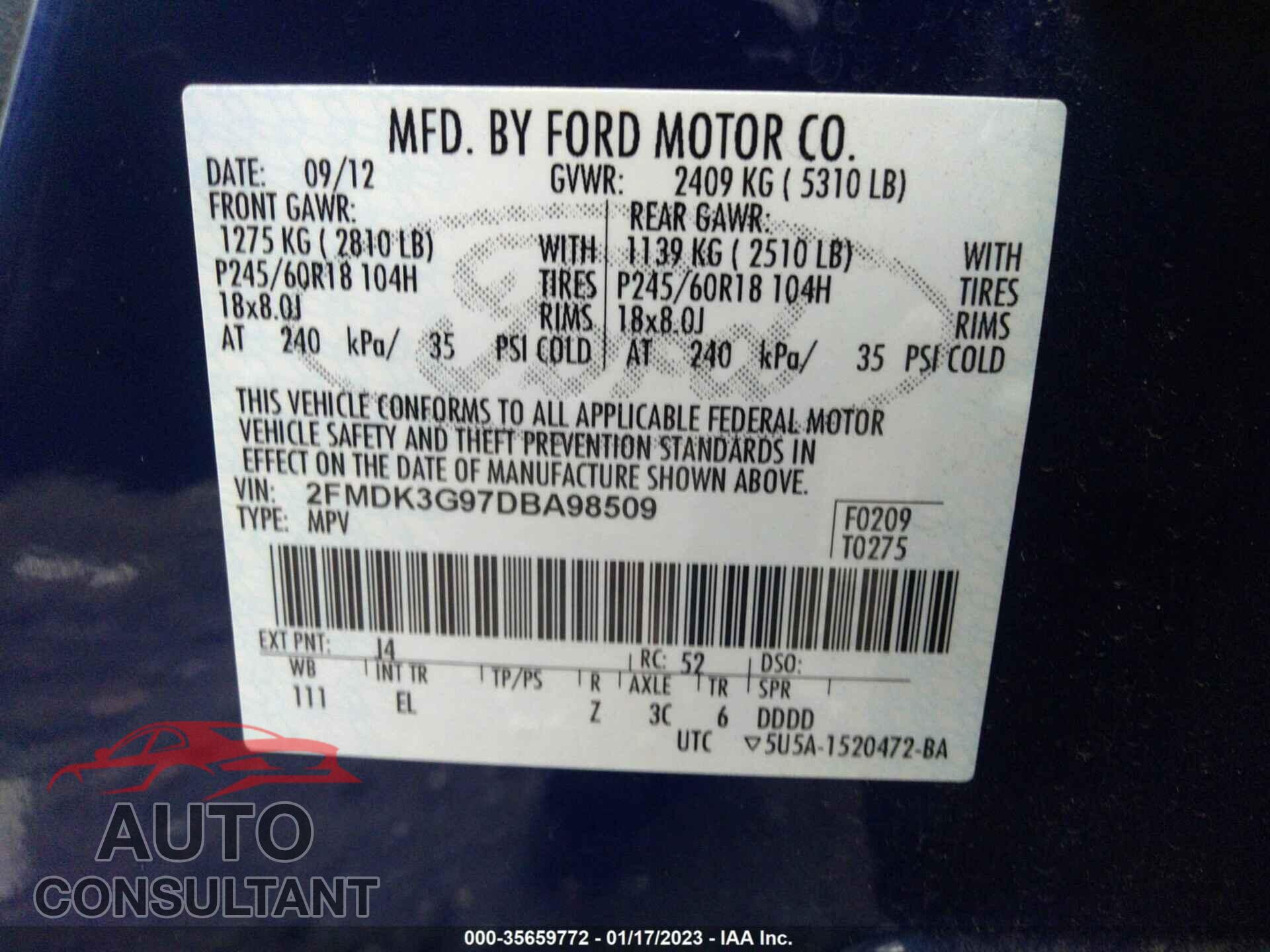 FORD EDGE 2013 - 2FMDK3G97DBA98509