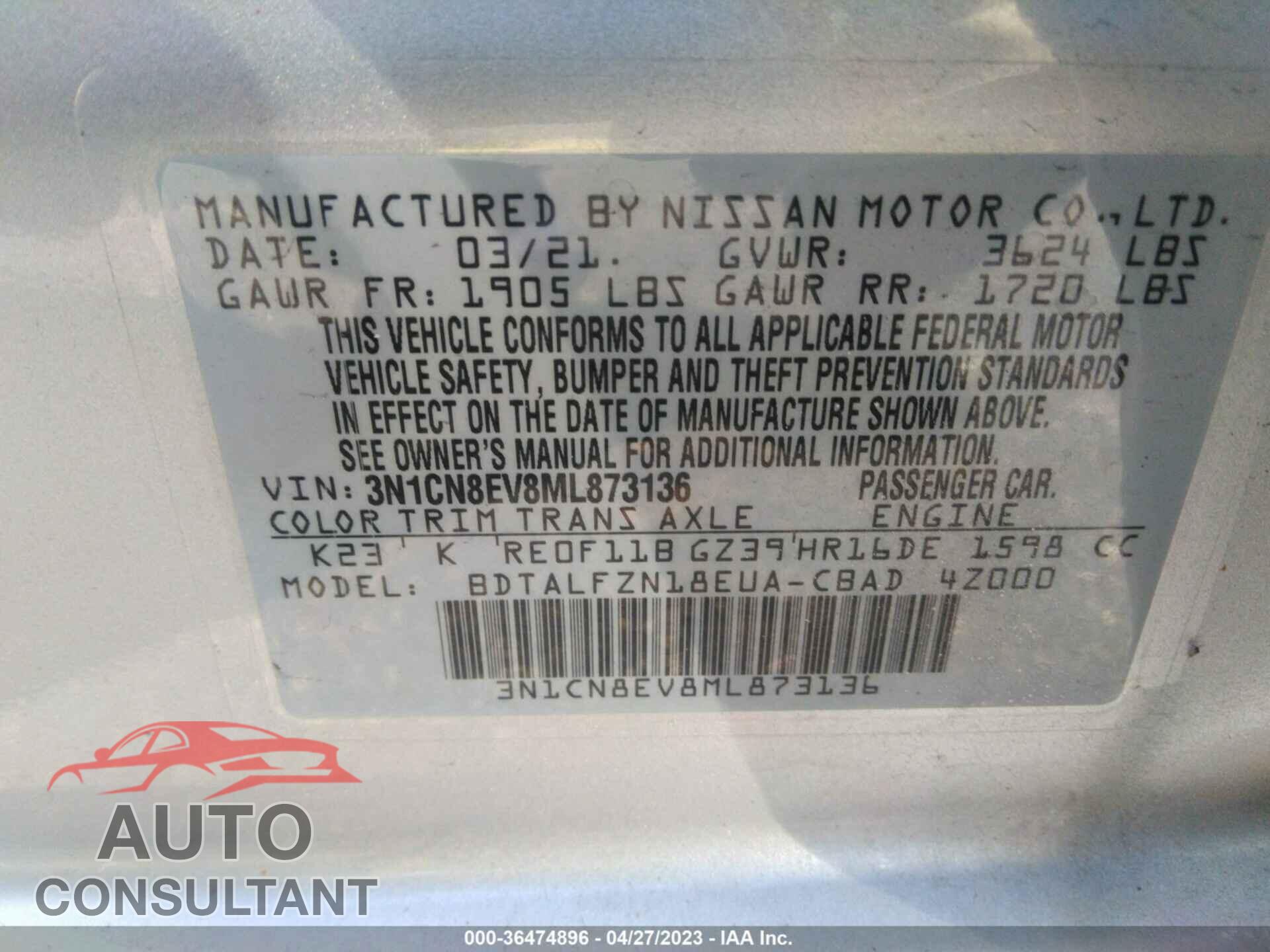 NISSAN VERSA 2021 - 3N1CN8EV8ML873136