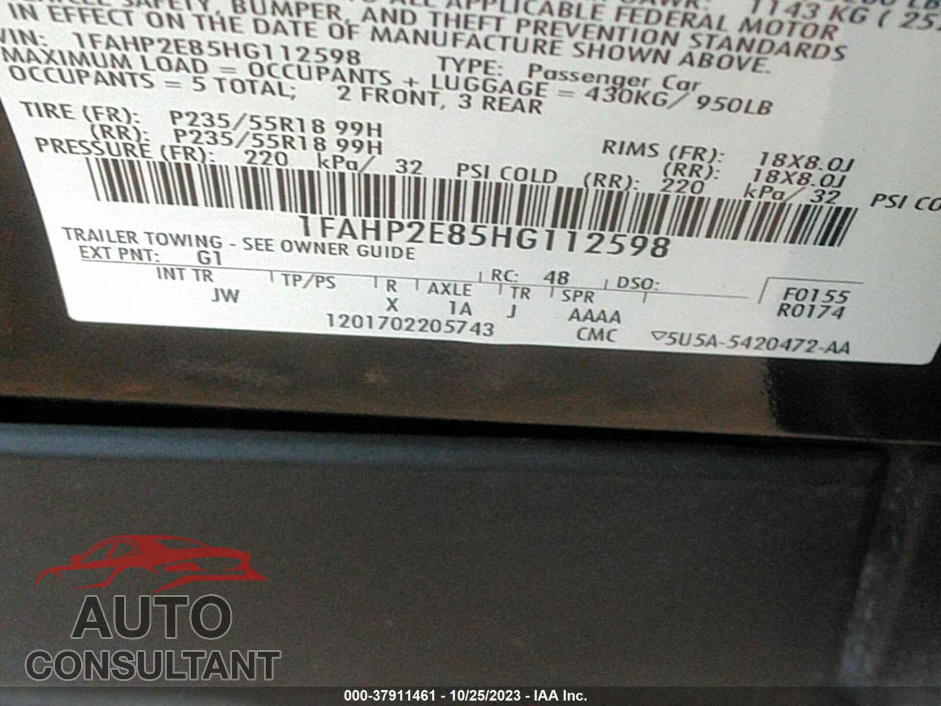 FORD TAURUS 2017 - 1FAHP2E85HG112598