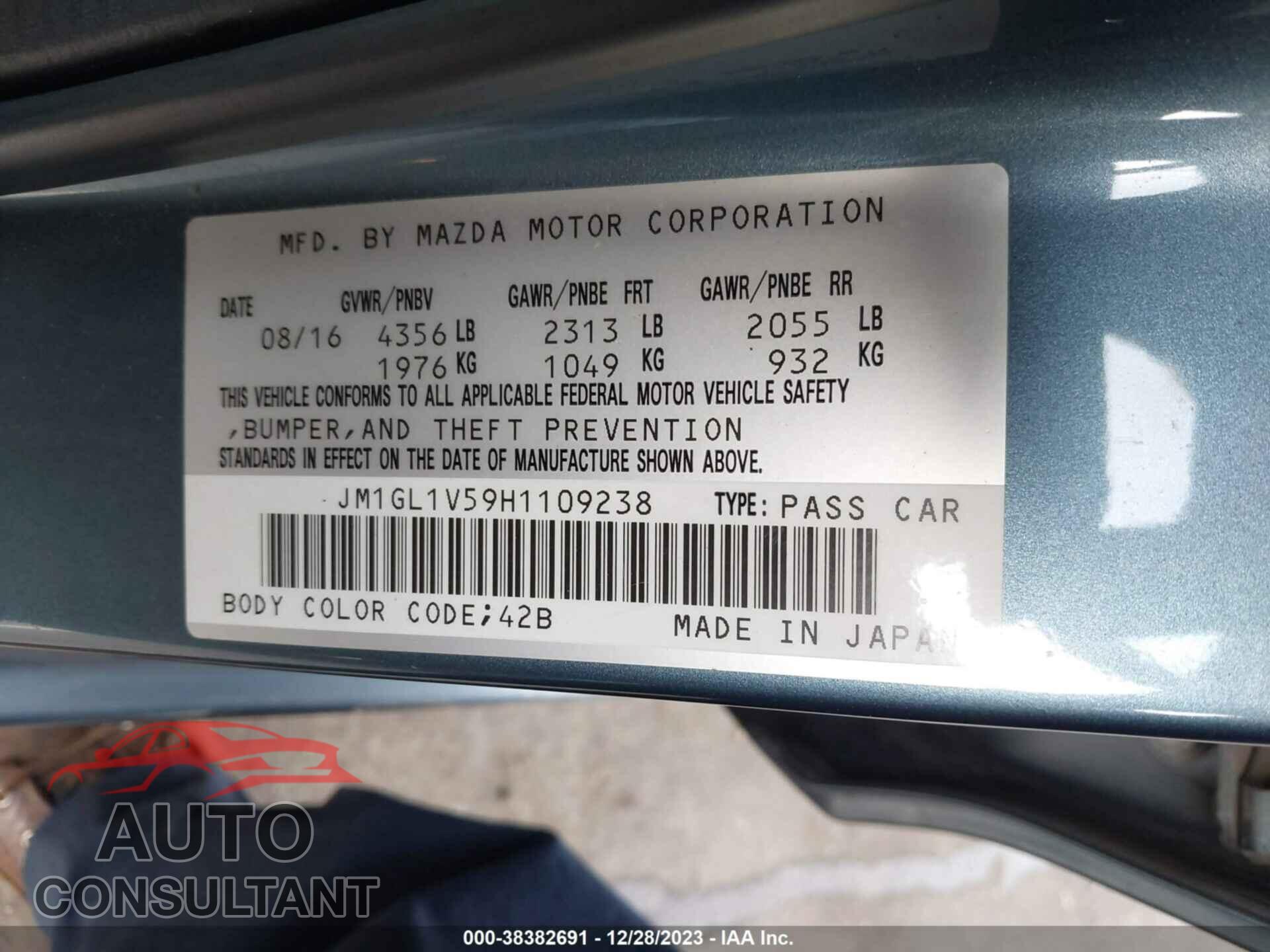 MAZDA 6 2017 - JM1GL1V59H1109238