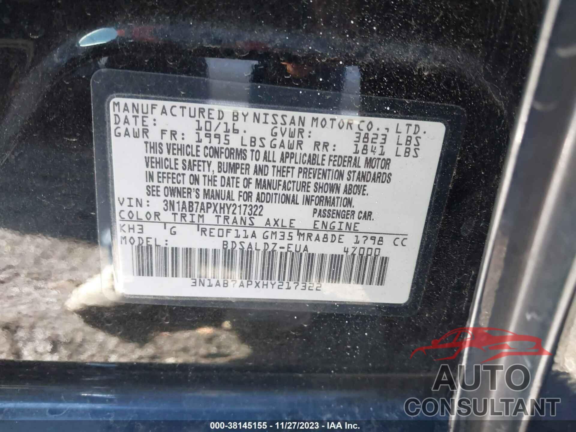 NISSAN SENTRA 2017 - 3N1AB7APXHY217322