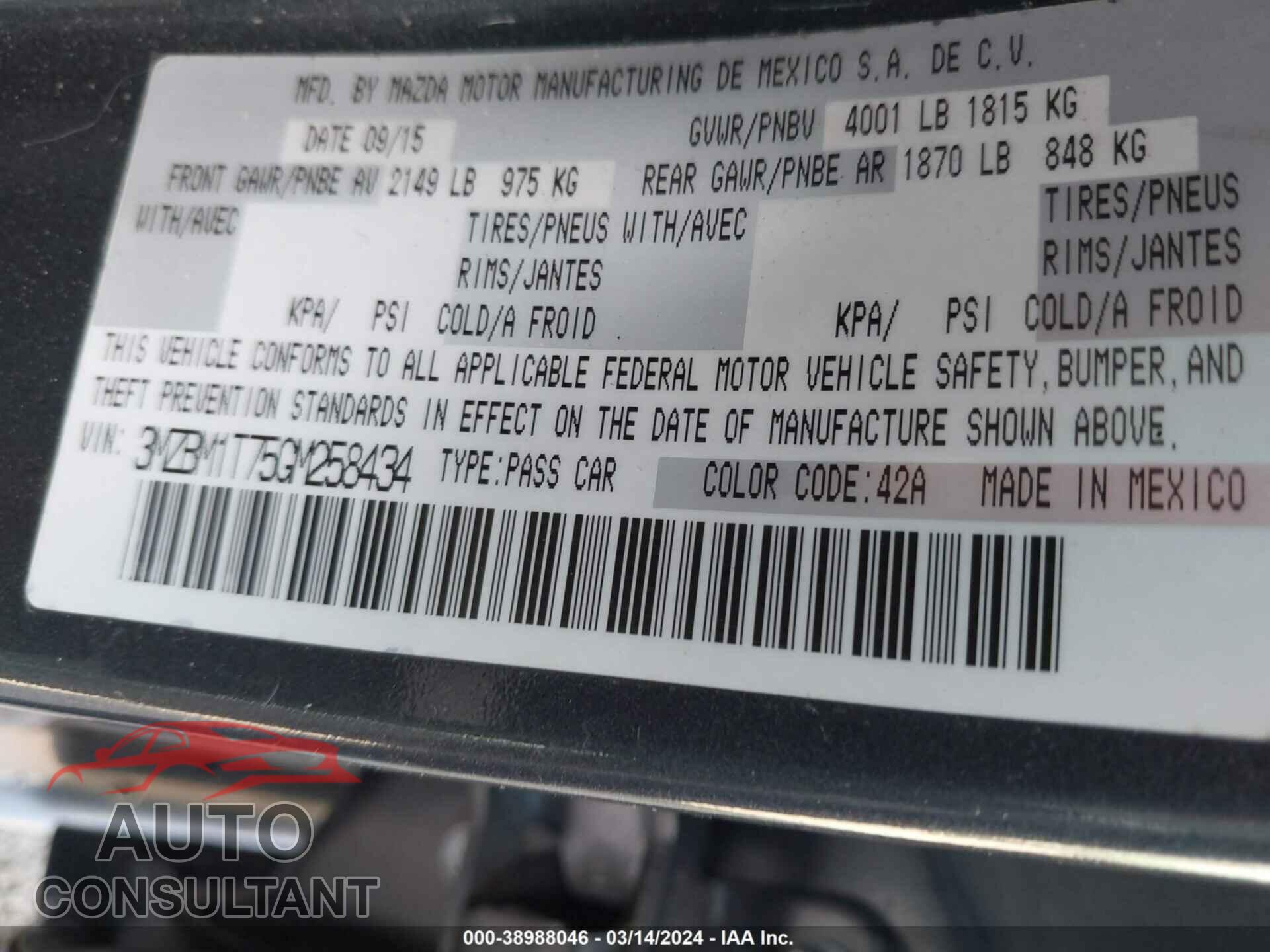 MAZDA MAZDA3 2016 - 3MZBM1T75GM258434