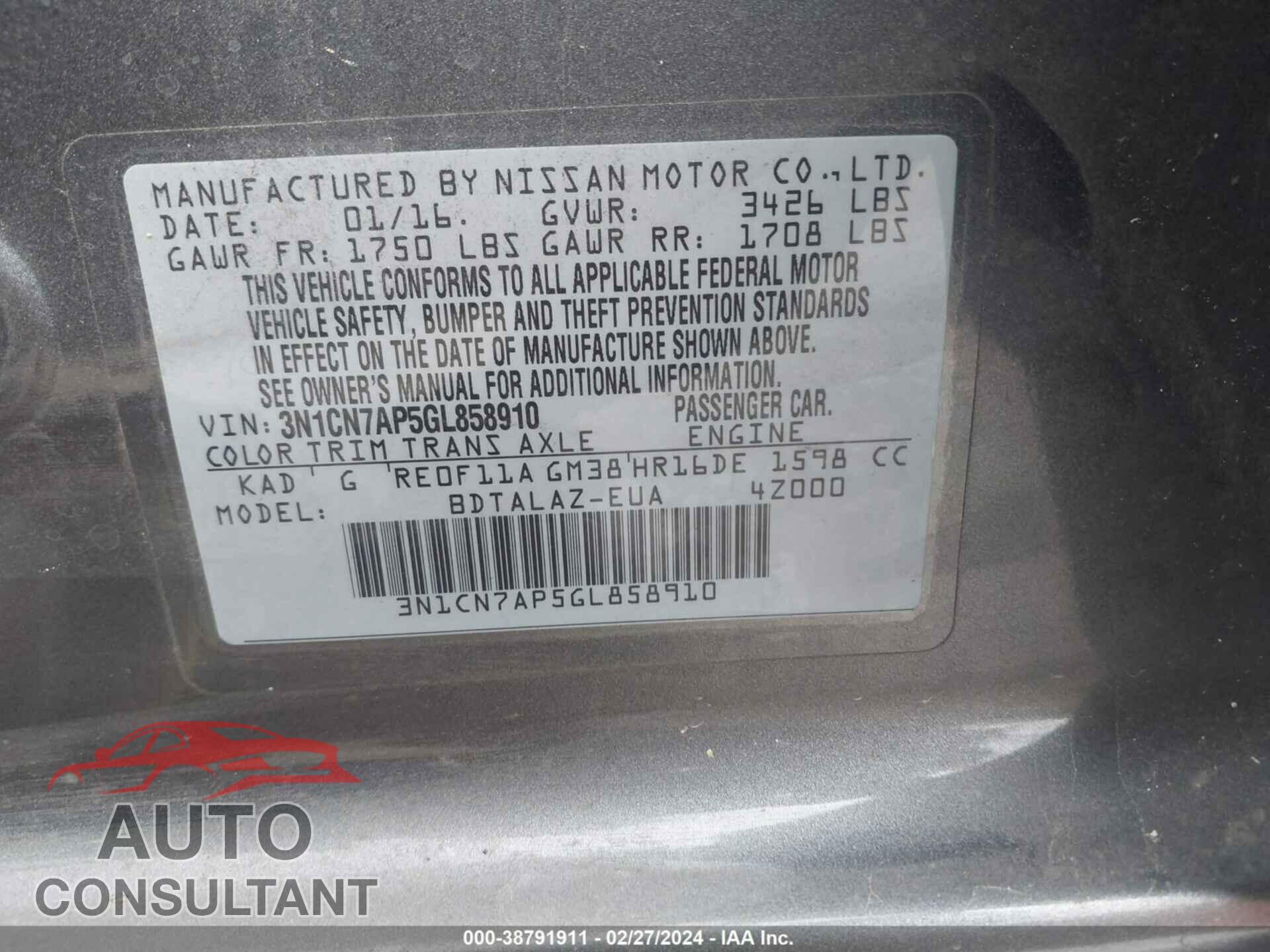 NISSAN VERSA 2016 - 3N1CN7AP5GL858910