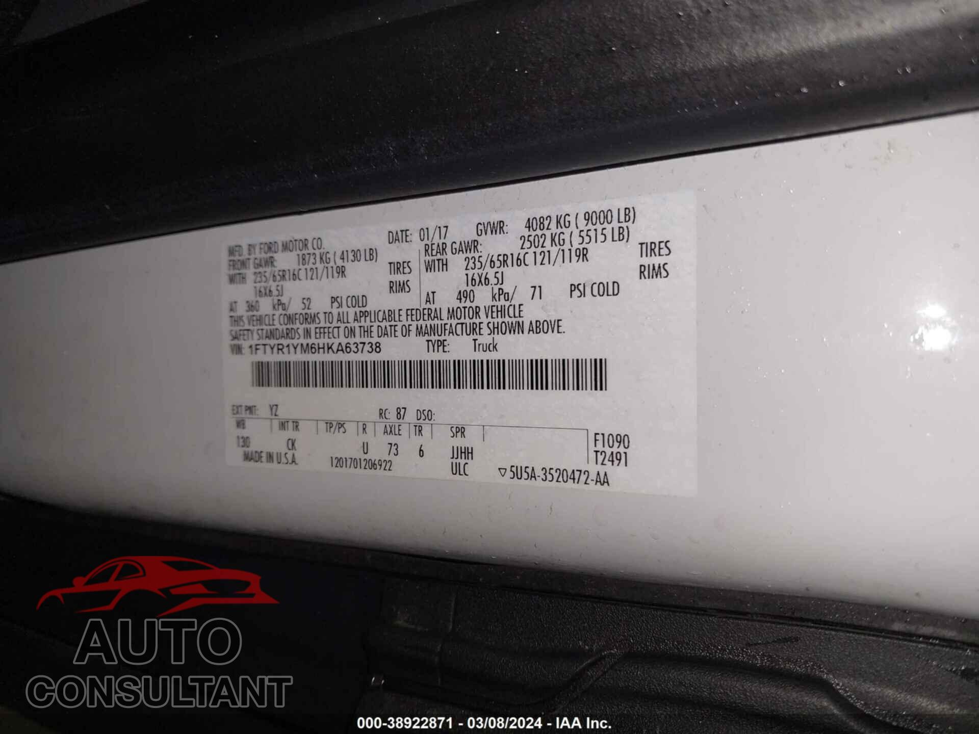 FORD TRANSIT-250 2017 - 1FTYR1YM6HKA63738
