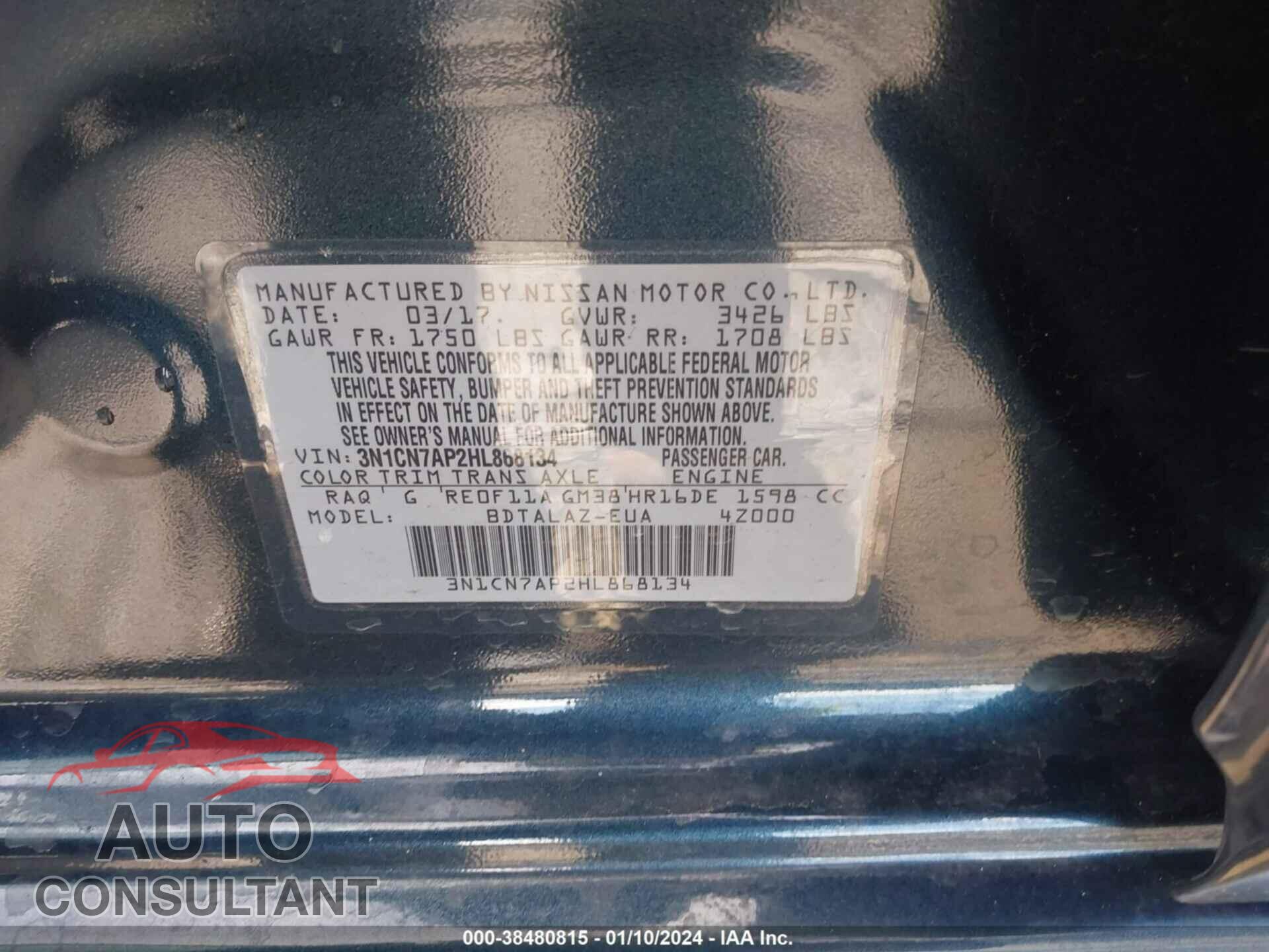NISSAN VERSA 2017 - 3N1CN7AP2HL868134