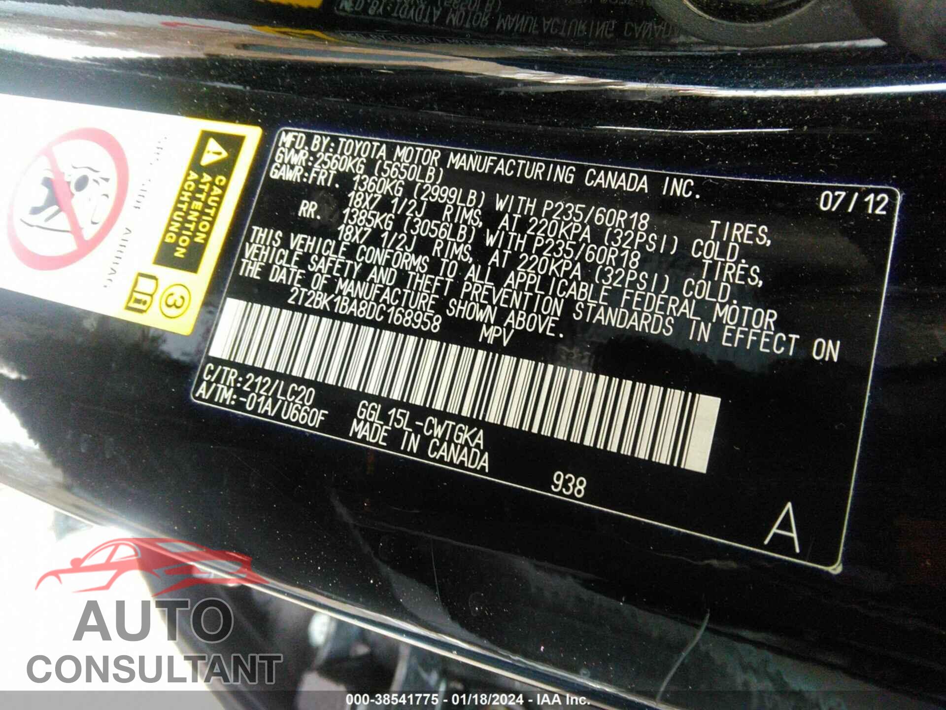 LEXUS RX 2013 - 2T2BK1BA8DC168958