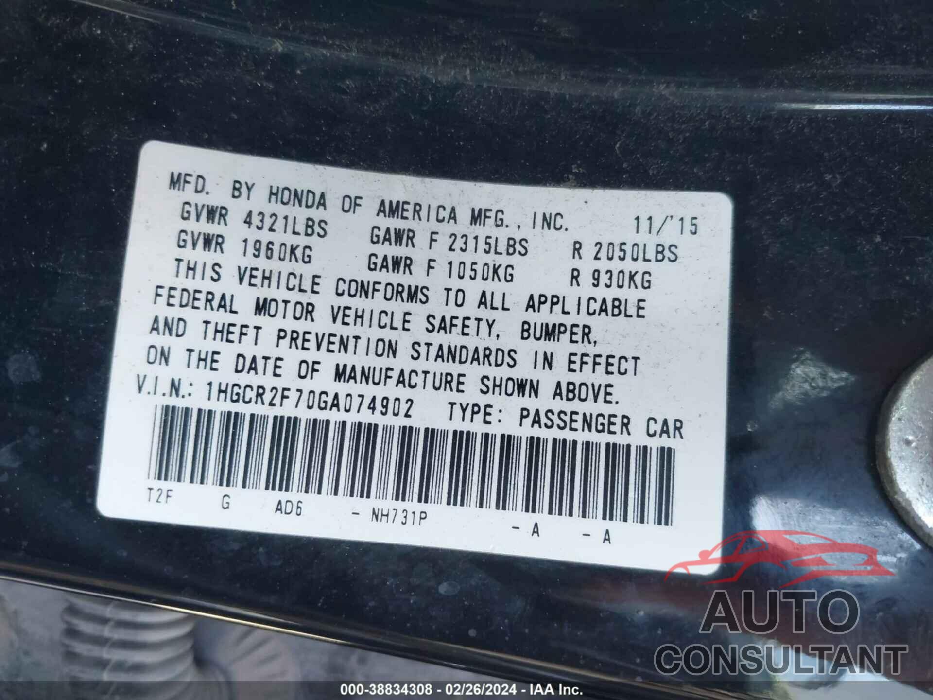 HONDA ACCORD 2016 - 1HGCR2F70GA074902