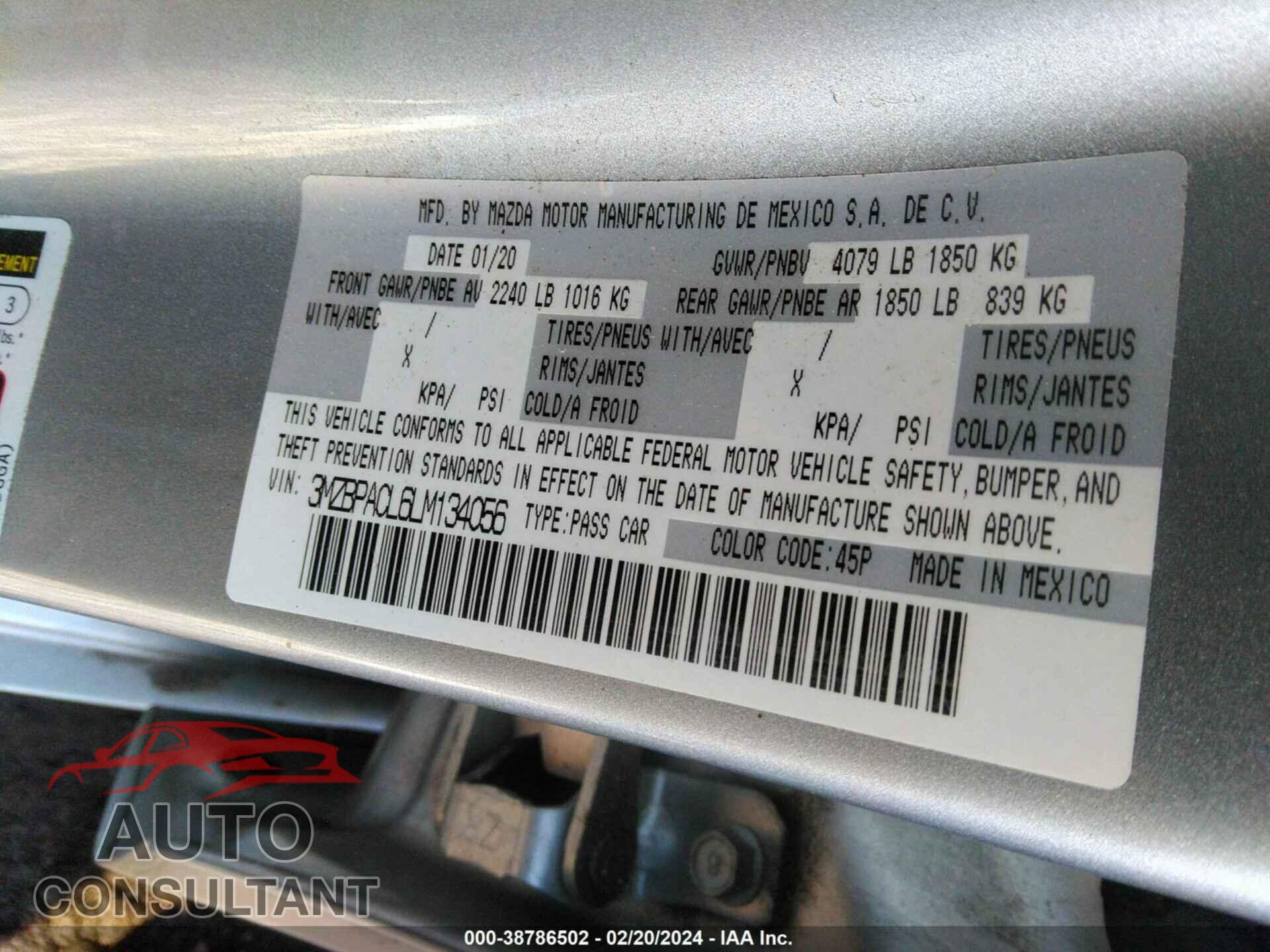 MAZDA MAZDA3 2020 - 3MZBPACL6LM134056
