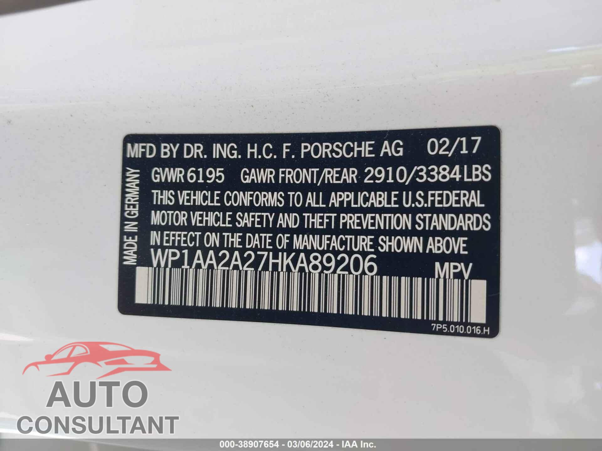 PORSCHE CAYENNE 2017 - WP1AA2A27HKA89206