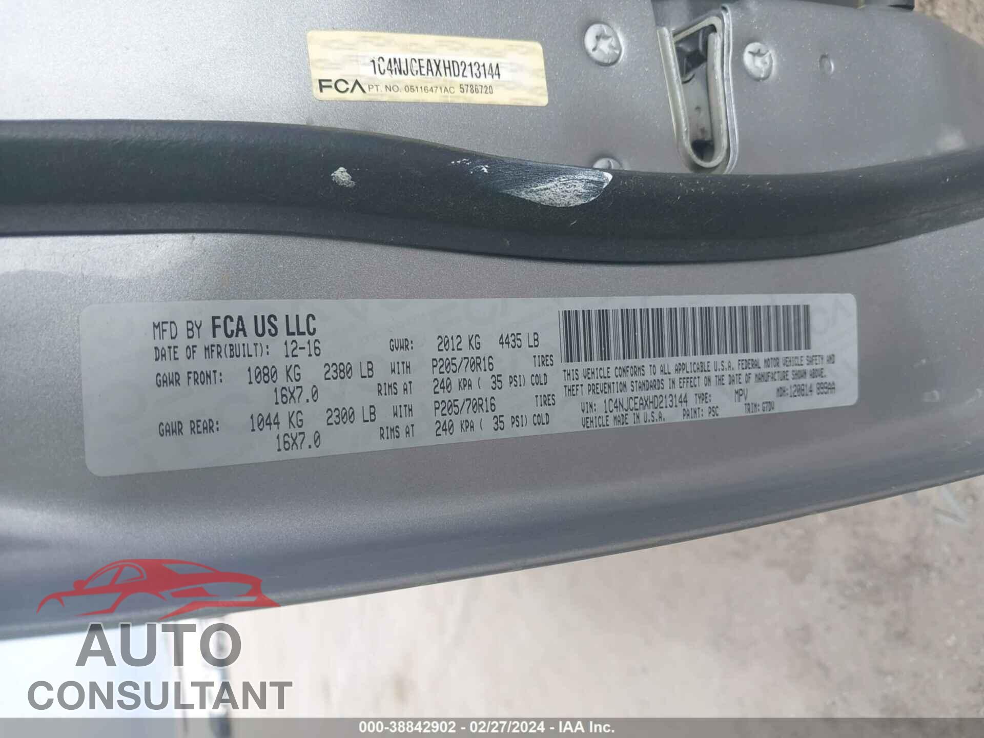 JEEP COMPASS 2017 - 1C4NJCEAXHD213144