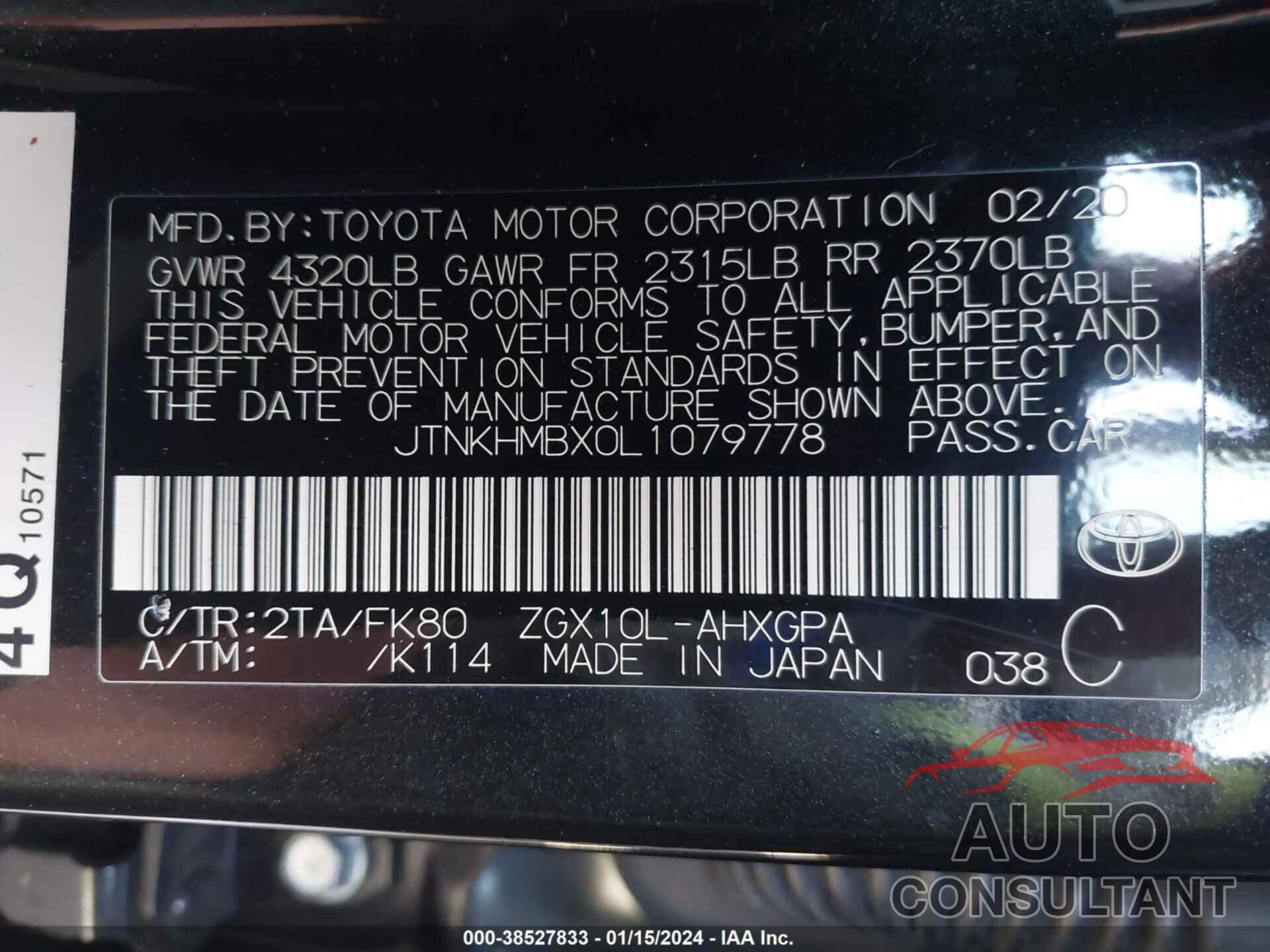 TOYOTA C-HR 2020 - JTNKHMBX0L1079778