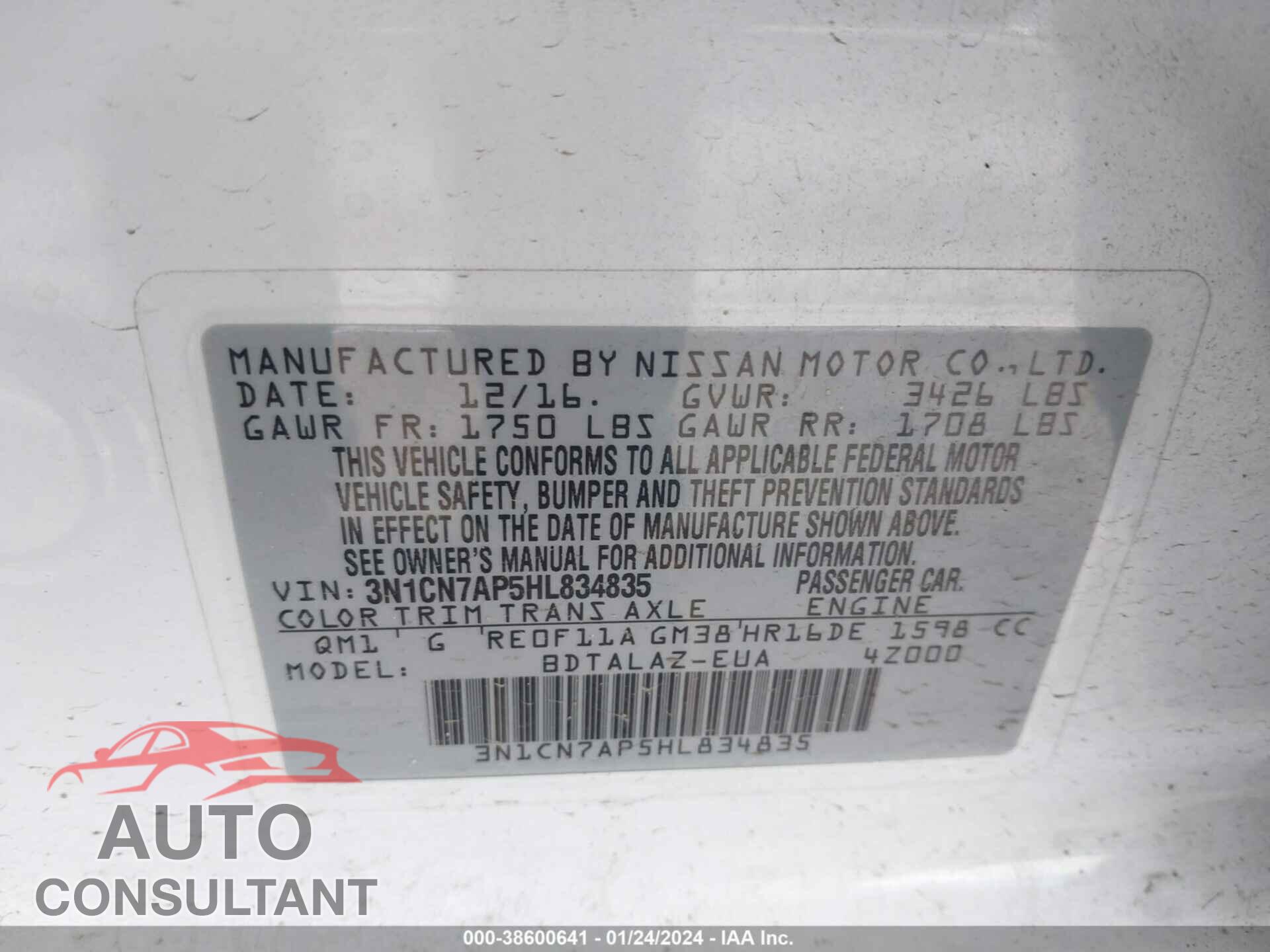 NISSAN VERSA 2017 - 3N1CN7AP5HL834835