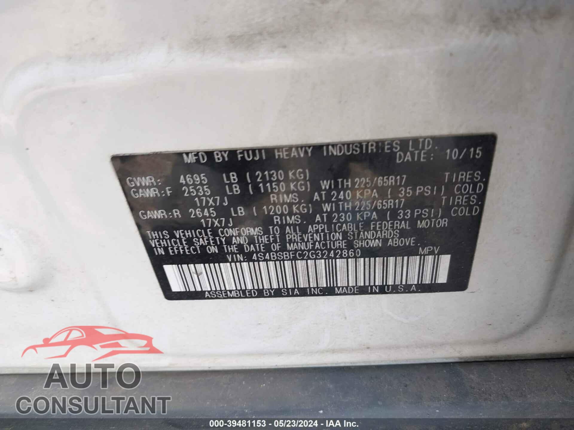 SUBARU OUTBACK 2016 - 4S4BSBFC2G3242860