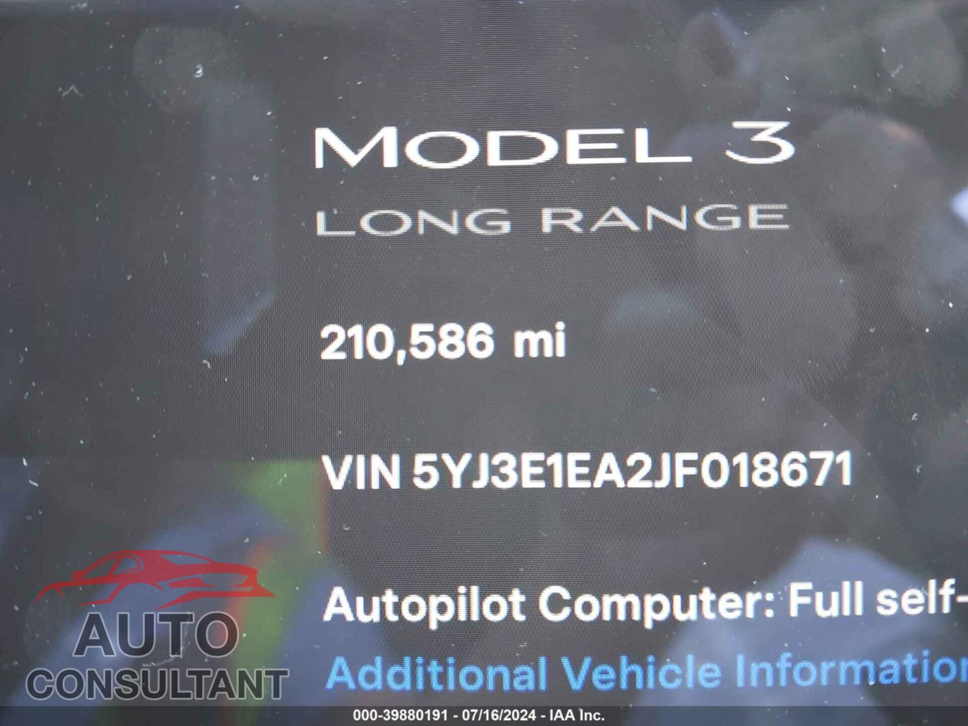 TESLA MODEL 3 2018 - 5YJ3E1EA2JF018671