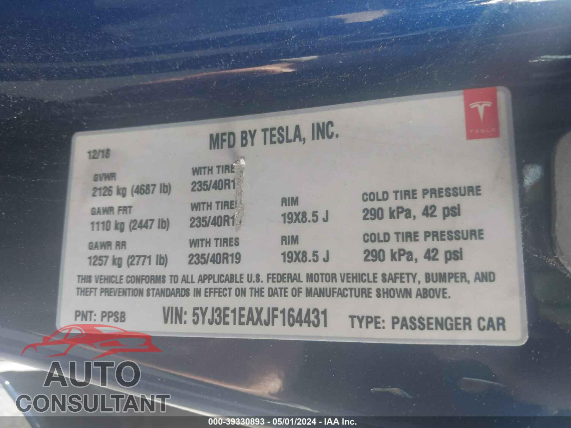 TESLA MODEL 3 2018 - 5YJ3E1EAXJF164431