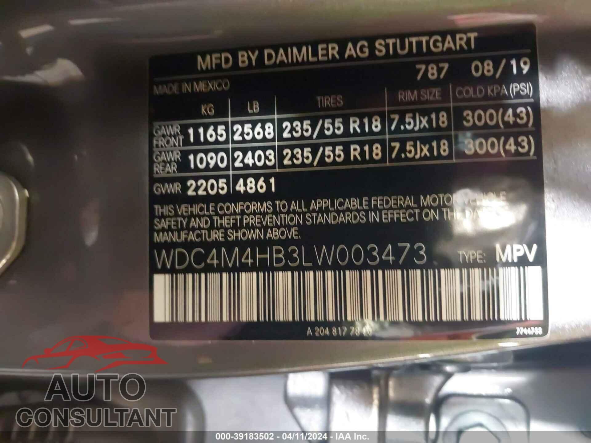 MERCEDES-BENZ GLB 2020 - WDC4M4HB3LW003473