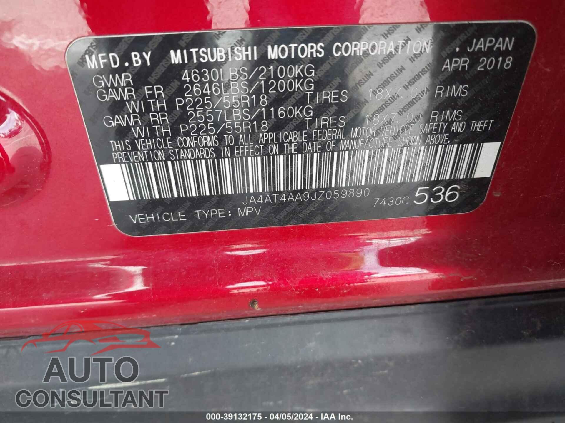 MITSUBISHI ECLIPSE CROSS 2018 - JA4AT4AA9JZ059890