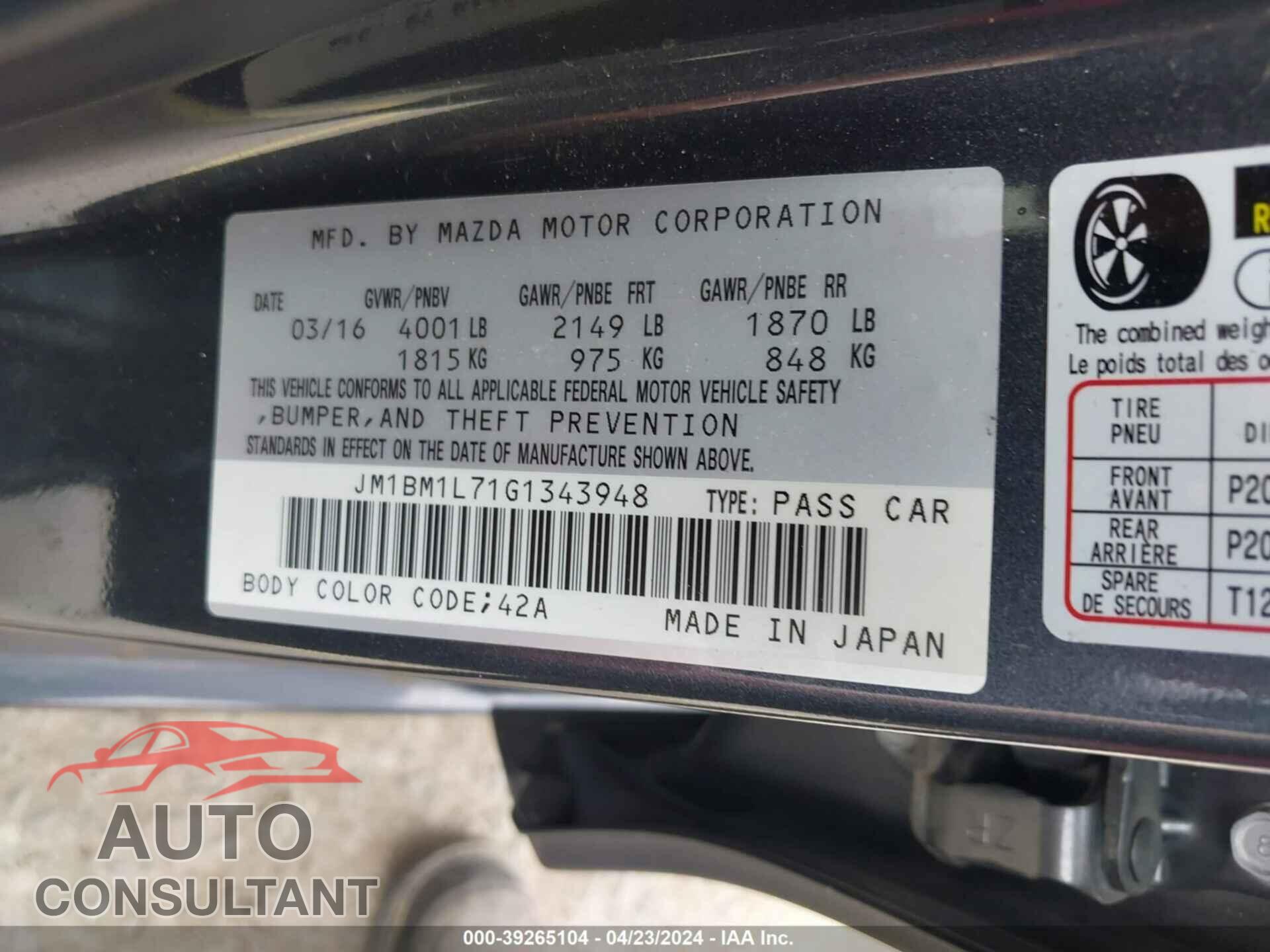 MAZDA 3 2016 - JM1BM1L71G1343948