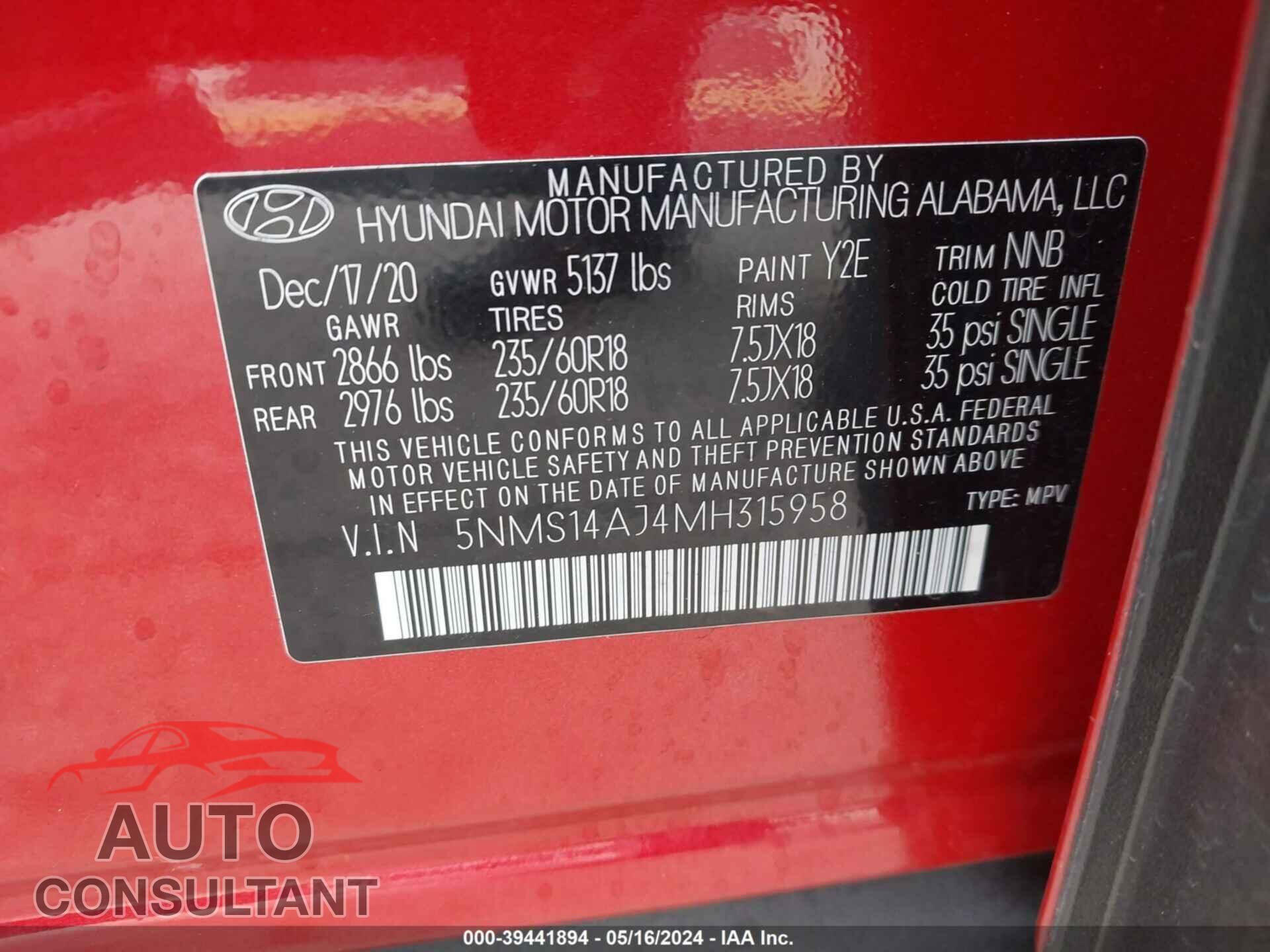 HYUNDAI SANTA FE 2021 - 5NMS14AJ4MH315958