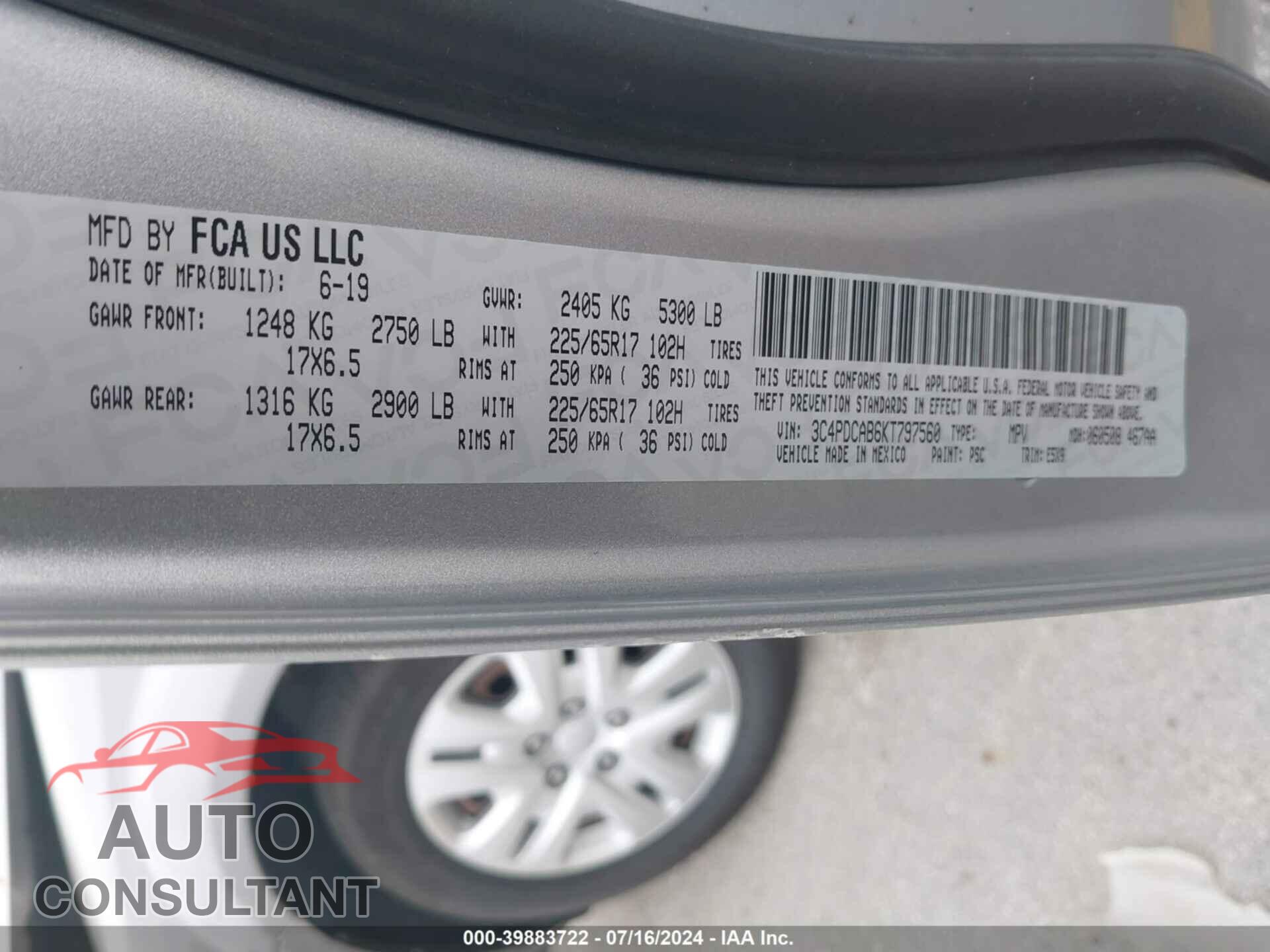 DODGE JOURNEY 2019 - 3C4PDCAB6KT797560