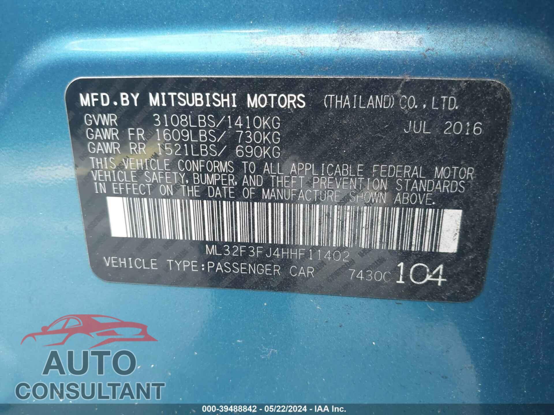 MITSUBISHI MIRAGE 2017 - ML32F3FJ4HHF11402