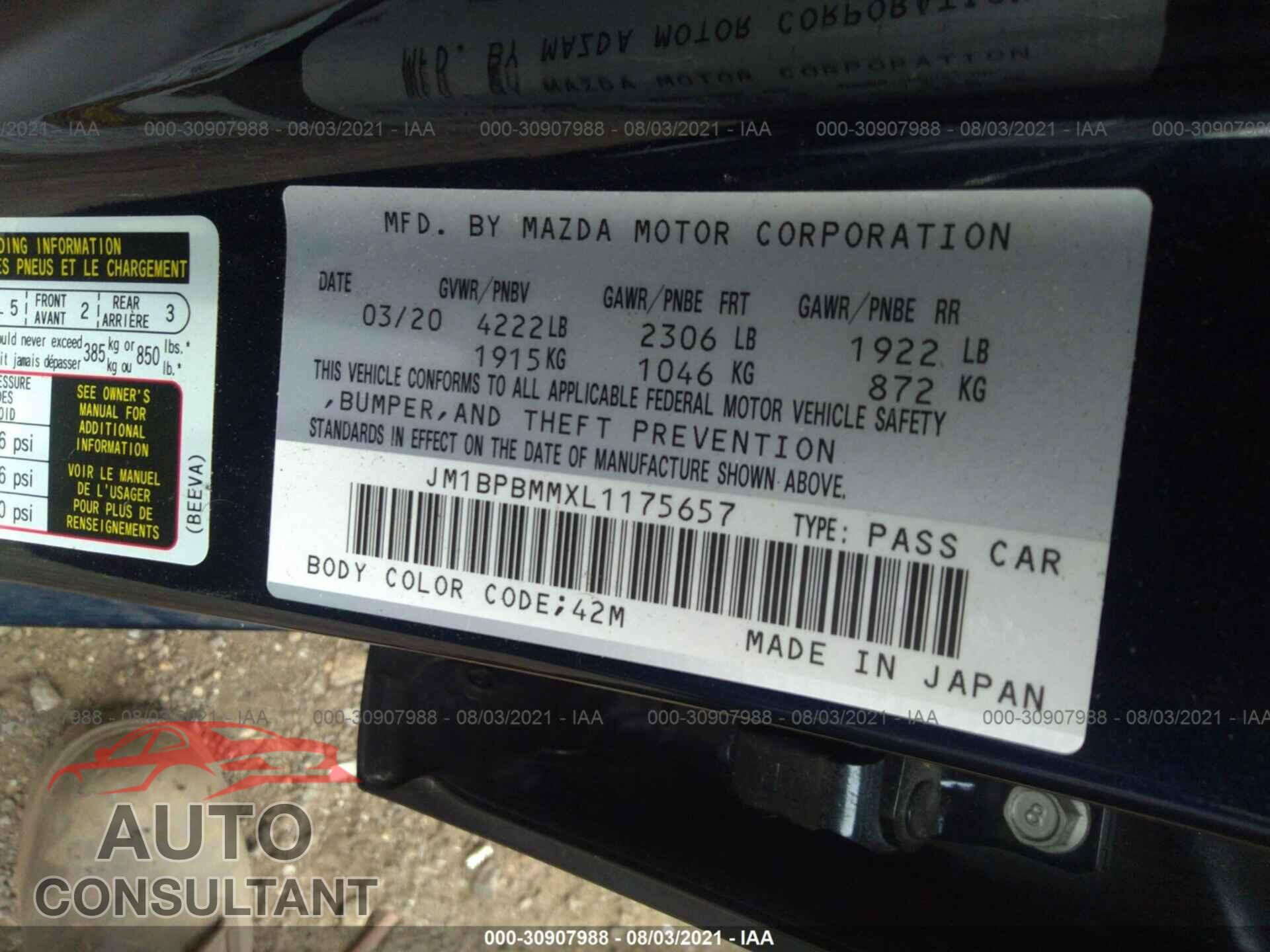 MAZDA MAZDA3 HATCHBACK 2020 - JM1BPBMMXL1175657