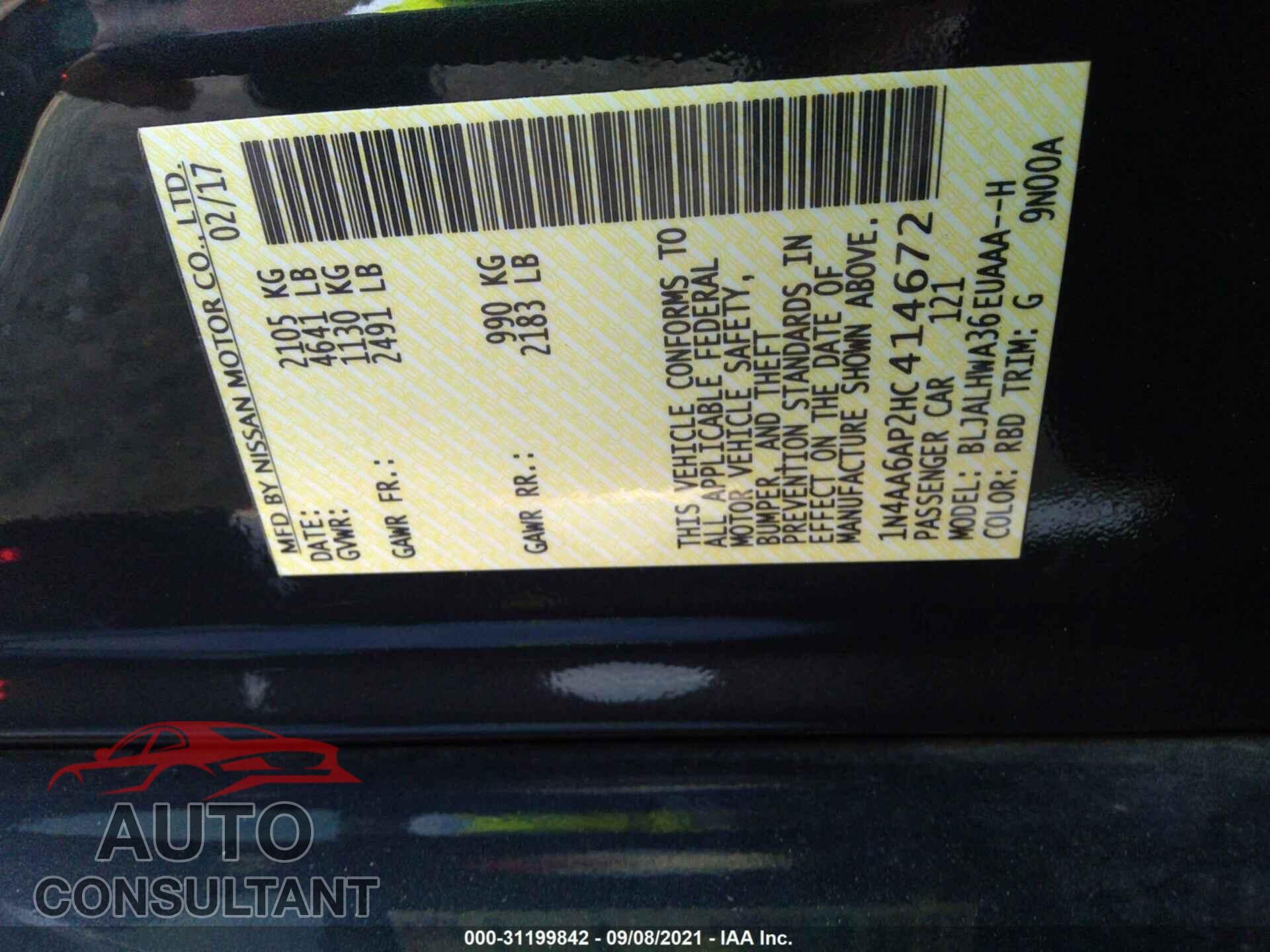 NISSAN MAXIMA 2017 - 1N4AA6AP2HC414672