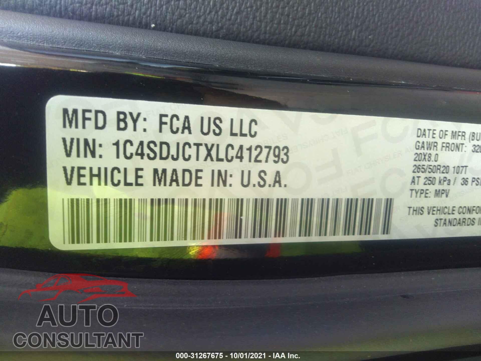 DODGE DURANGO 2020 - 1C4SDJCTXLC412793