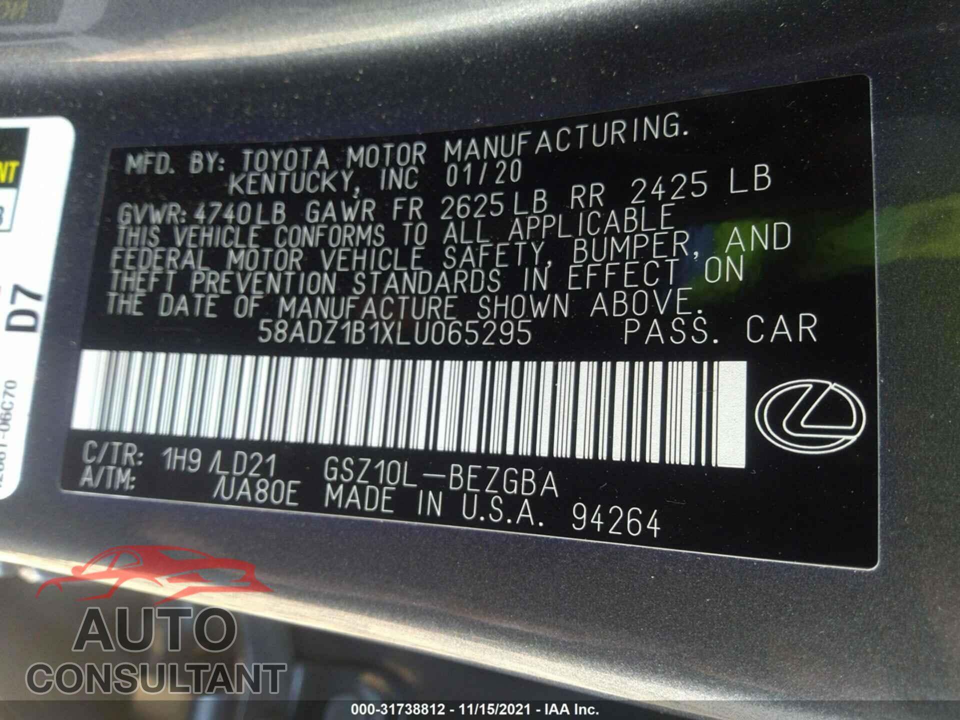 LEXUS ES 2020 - 58ADZ1B1XLU065295