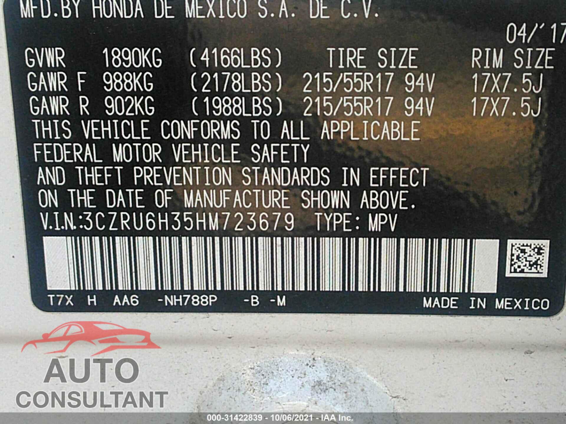 HONDA HR-V 2017 - 3CZRU6H35HM723679