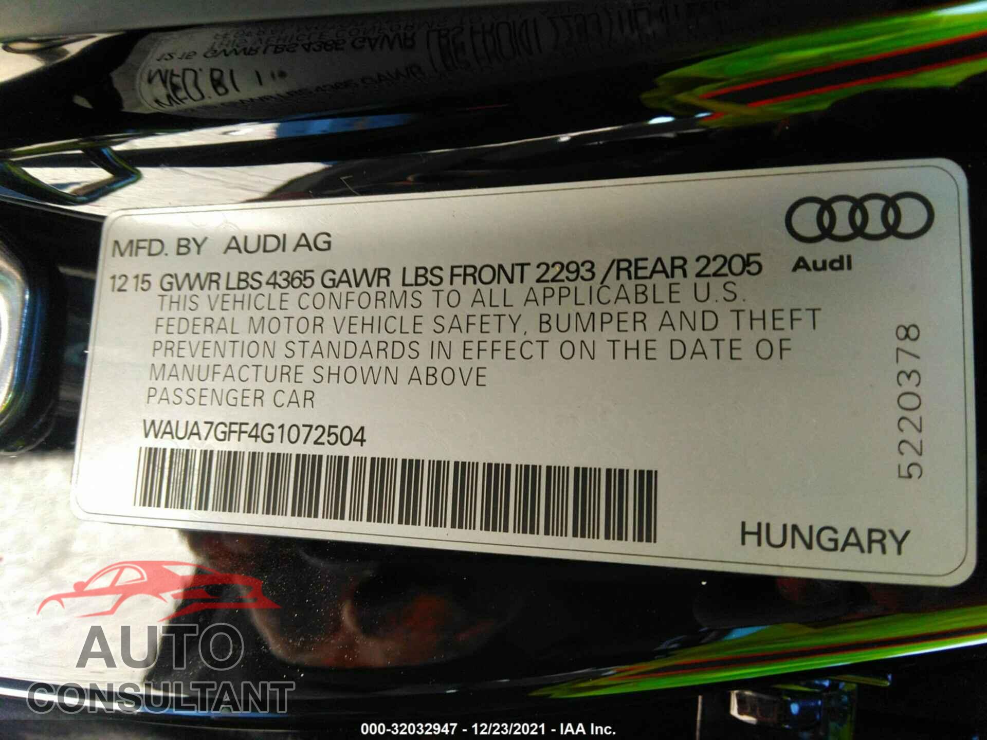 AUDI A3 2016 - WAUA7GFF4G1072504