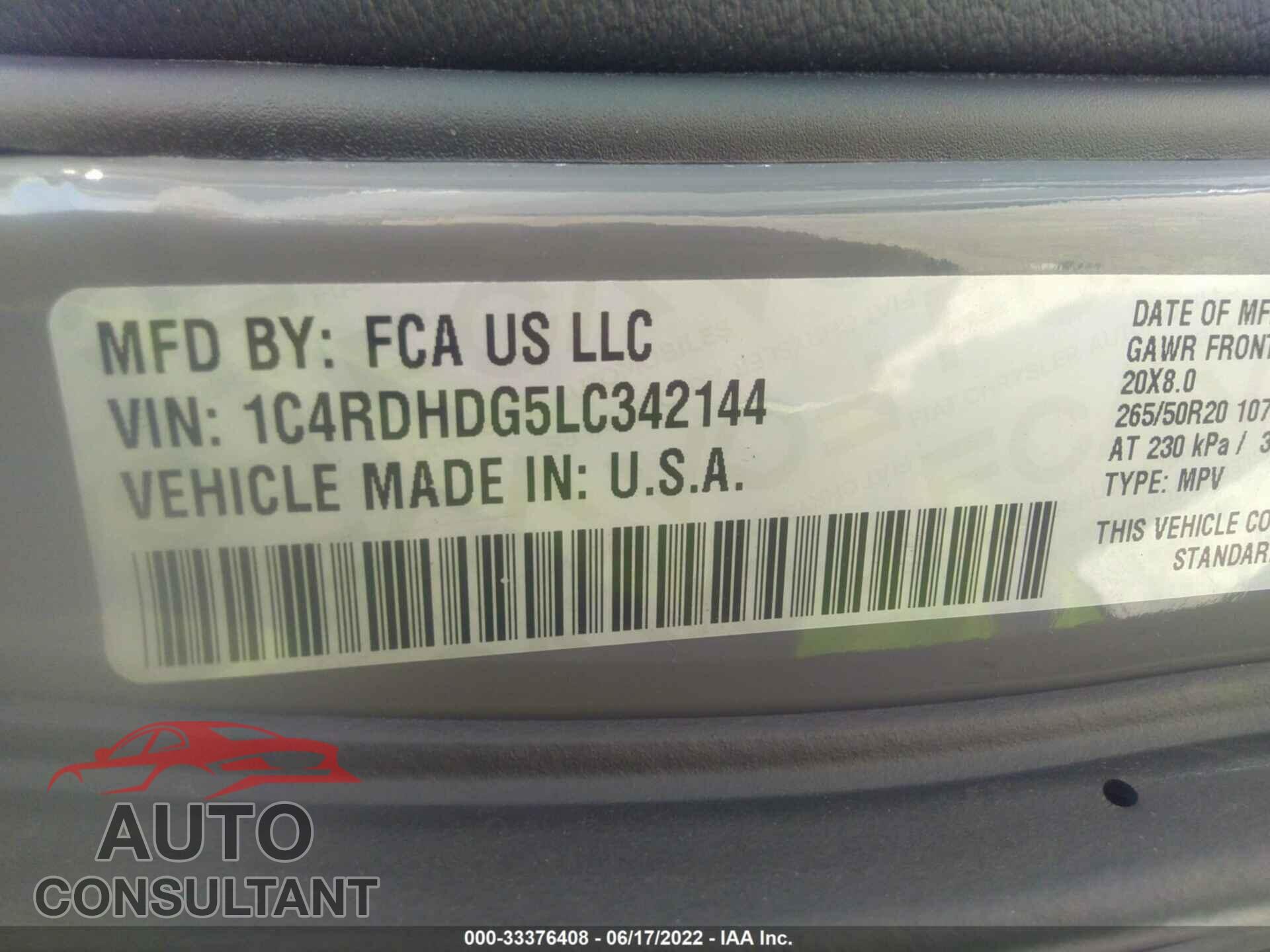 DODGE DURANGO 2020 - 1C4RDHDG5LC342144