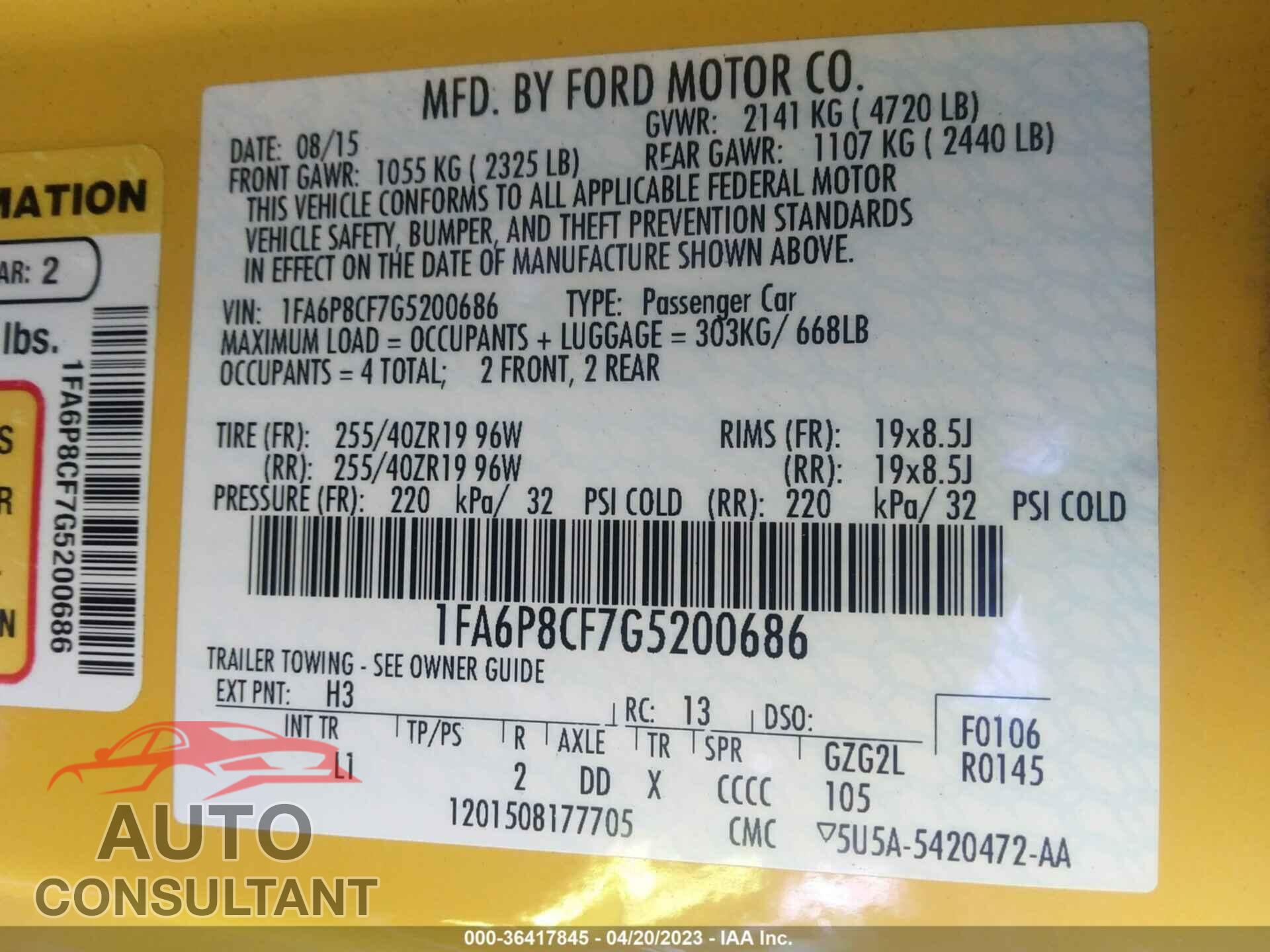 FORD MUSTANG 2016 - 1FA6P8CF7G5200686