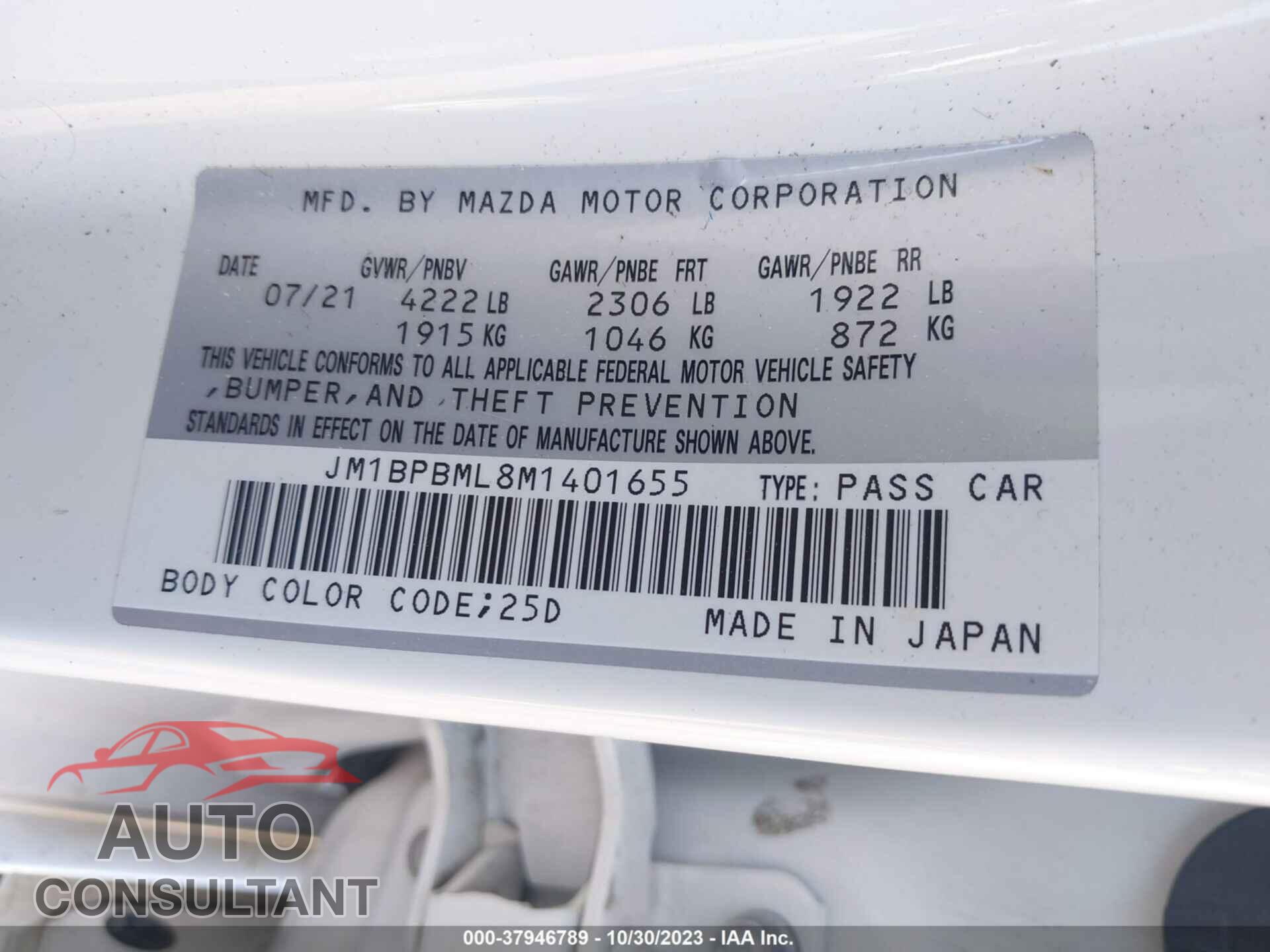 MAZDA MAZDA3 HATCHBACK 2021 - JM1BPBML8M1401655
