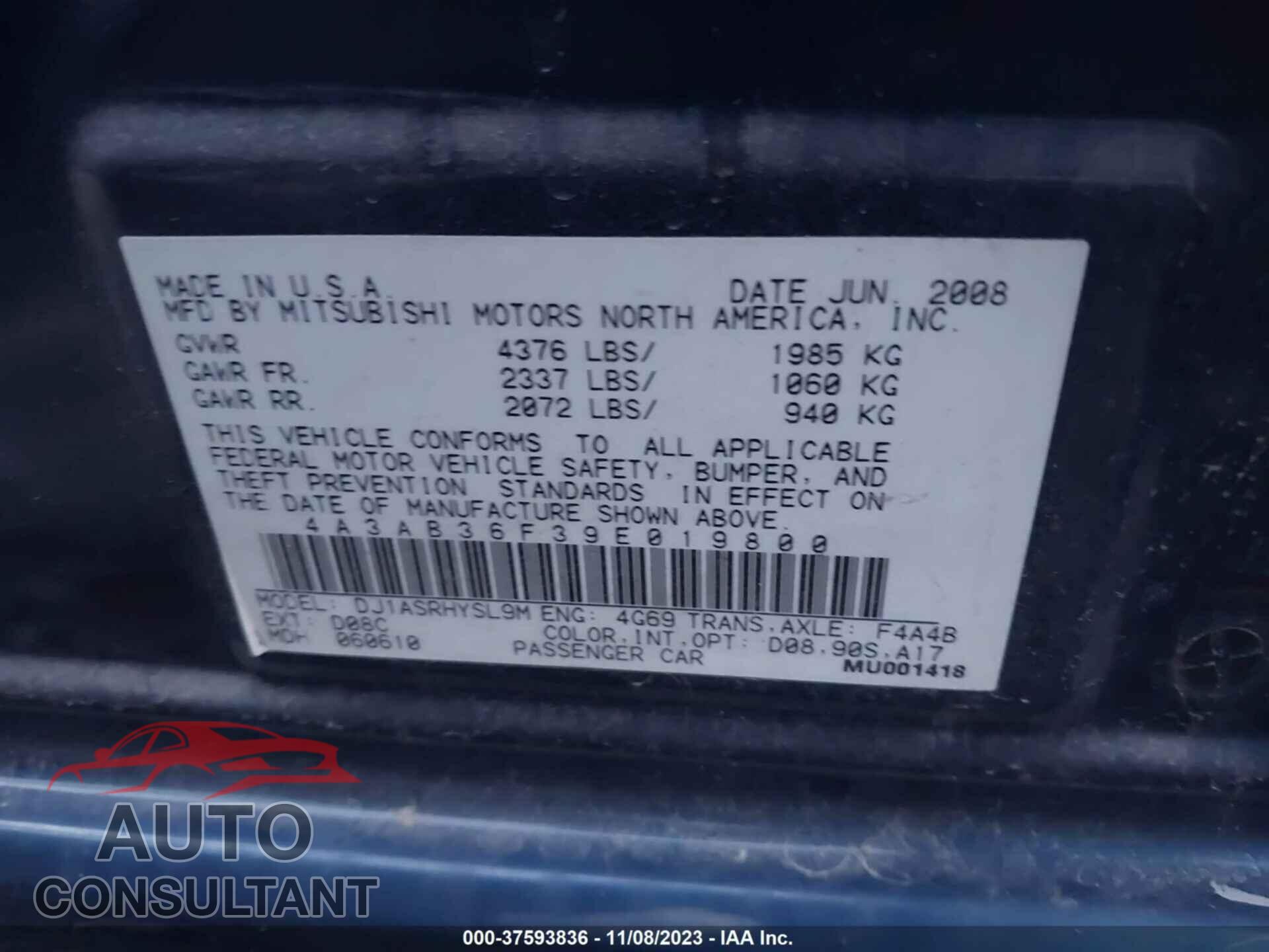 MITSUBISHI GALANT 2009 - 4A3AB36F39E019800