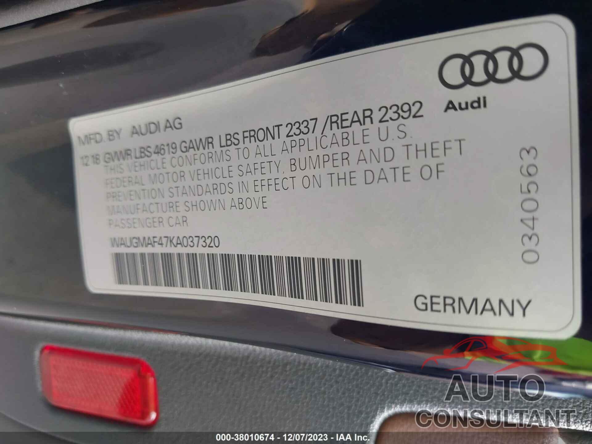 AUDI A4 2019 - WAUGMAF47KA037320