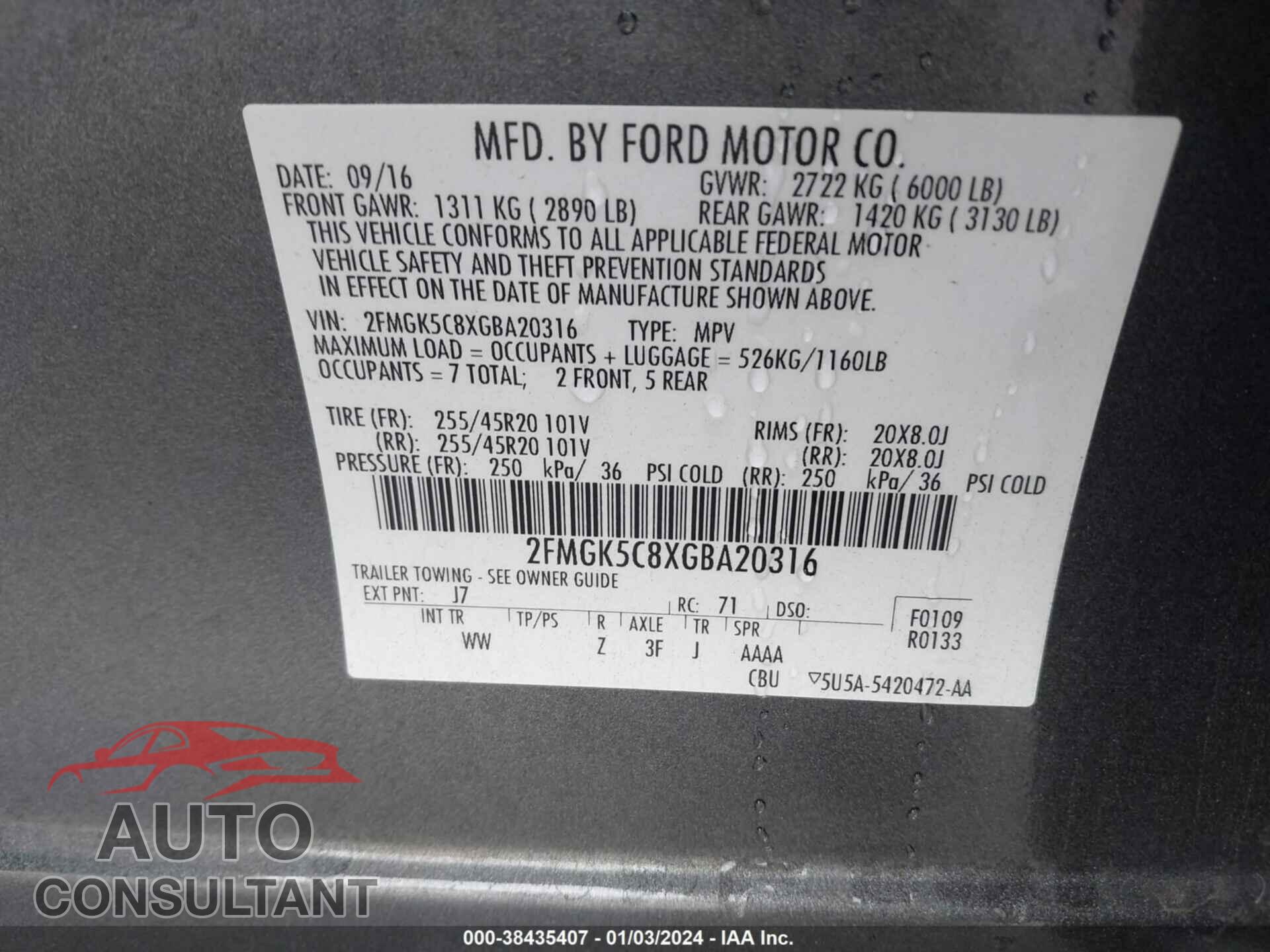 FORD FLEX 2016 - 2FMGK5C8XGBA20316