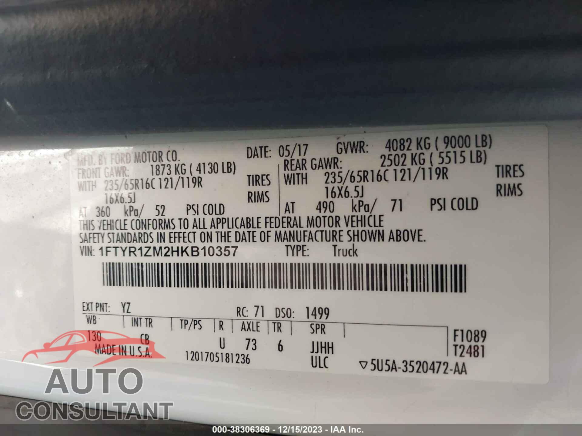 FORD TRANSIT-250 2017 - 1FTYR1ZM2HKB10357