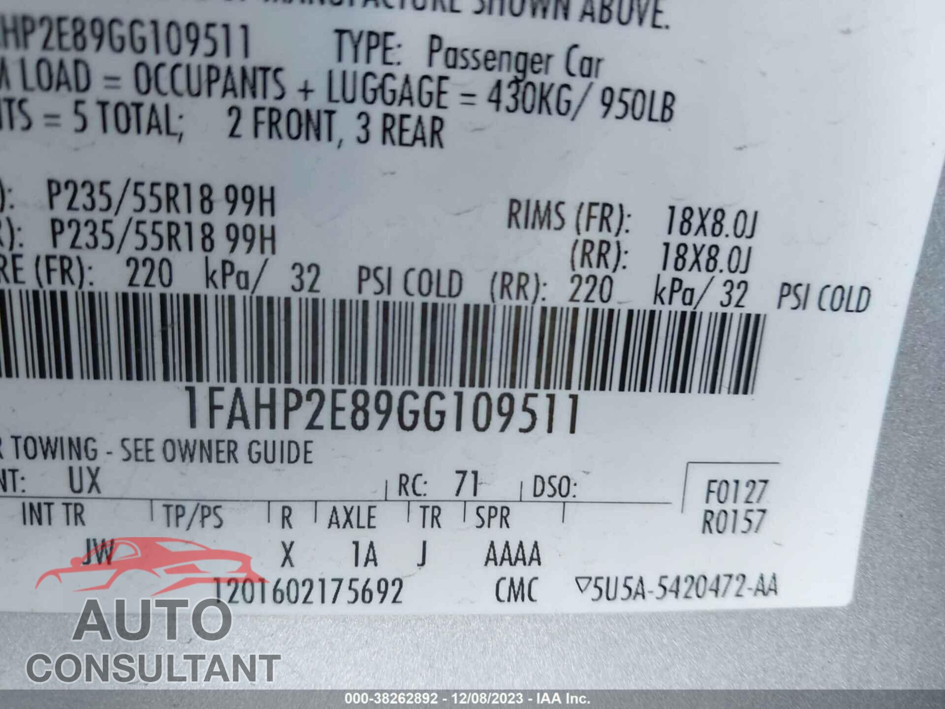 FORD TAURUS 2016 - 1FAHP2E89GG109511