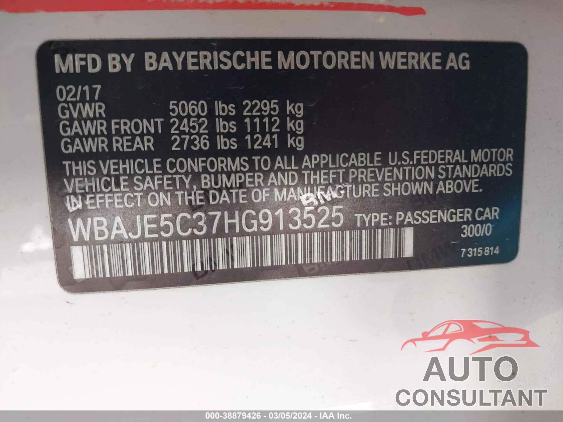 BMW 540I 2017 - WBAJE5C37HG913525