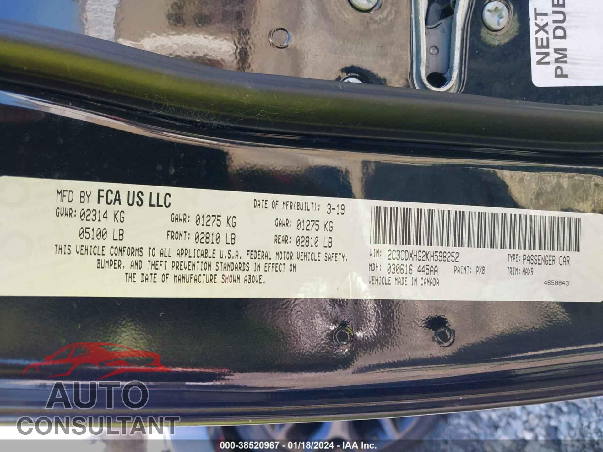 DODGE CHARGER 2019 - 2C3CDXHG2KH598252